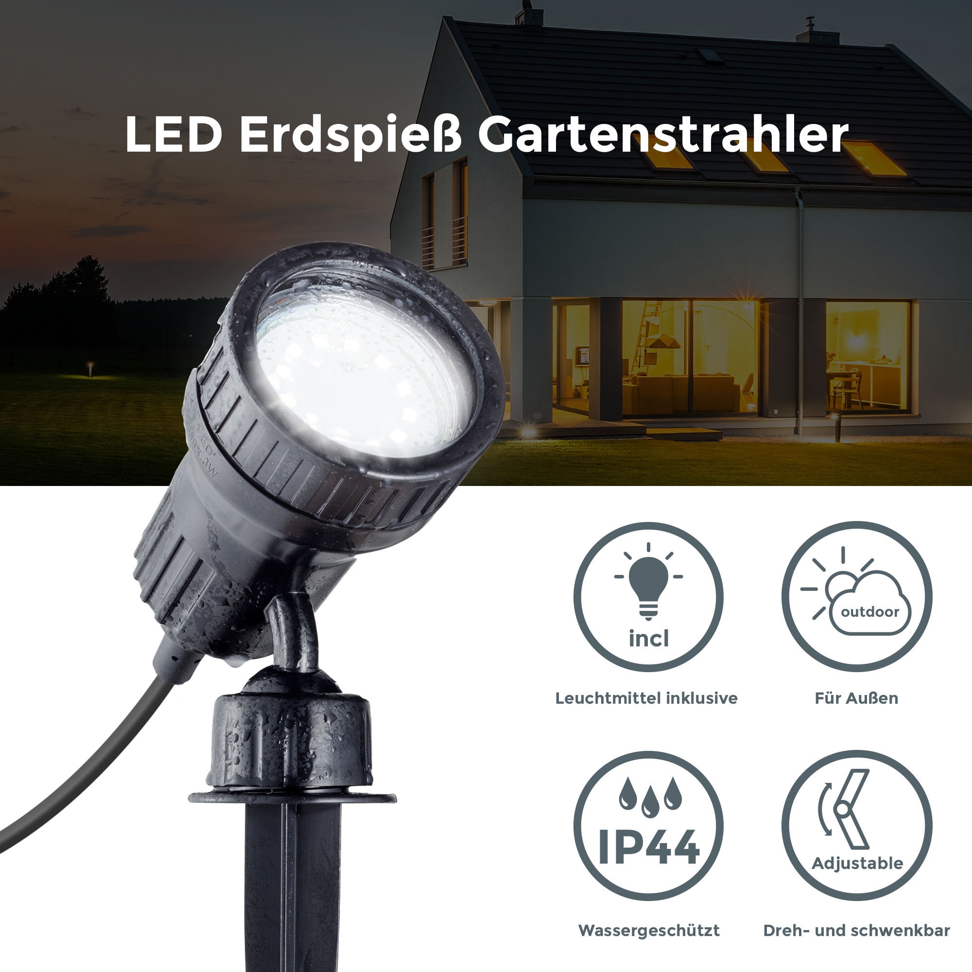 B.K.Licht LED Gartenstrahler, schwarz, inkl. GU10 Leuchtmittel / 2,9 Watt, 260 Lumen, 3.000 Kelvin,  inkl. 1 x Farbfilter orange und grün, inkl. Erdspieß und Wandhalter 