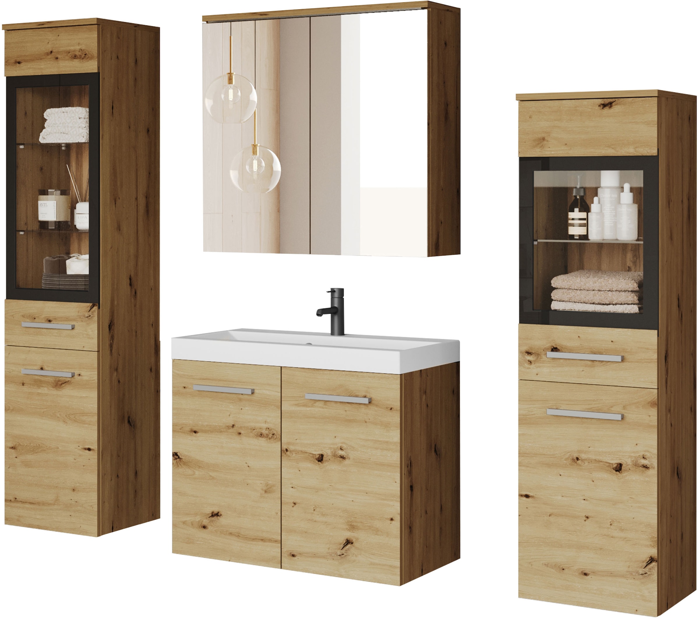 welltime Badmöbel-Set "MADRIT II, Schrank mit Waschbecken, 2 Hänger, Spiegelschrank" Komplett-Set, 5 Stk. tlg.