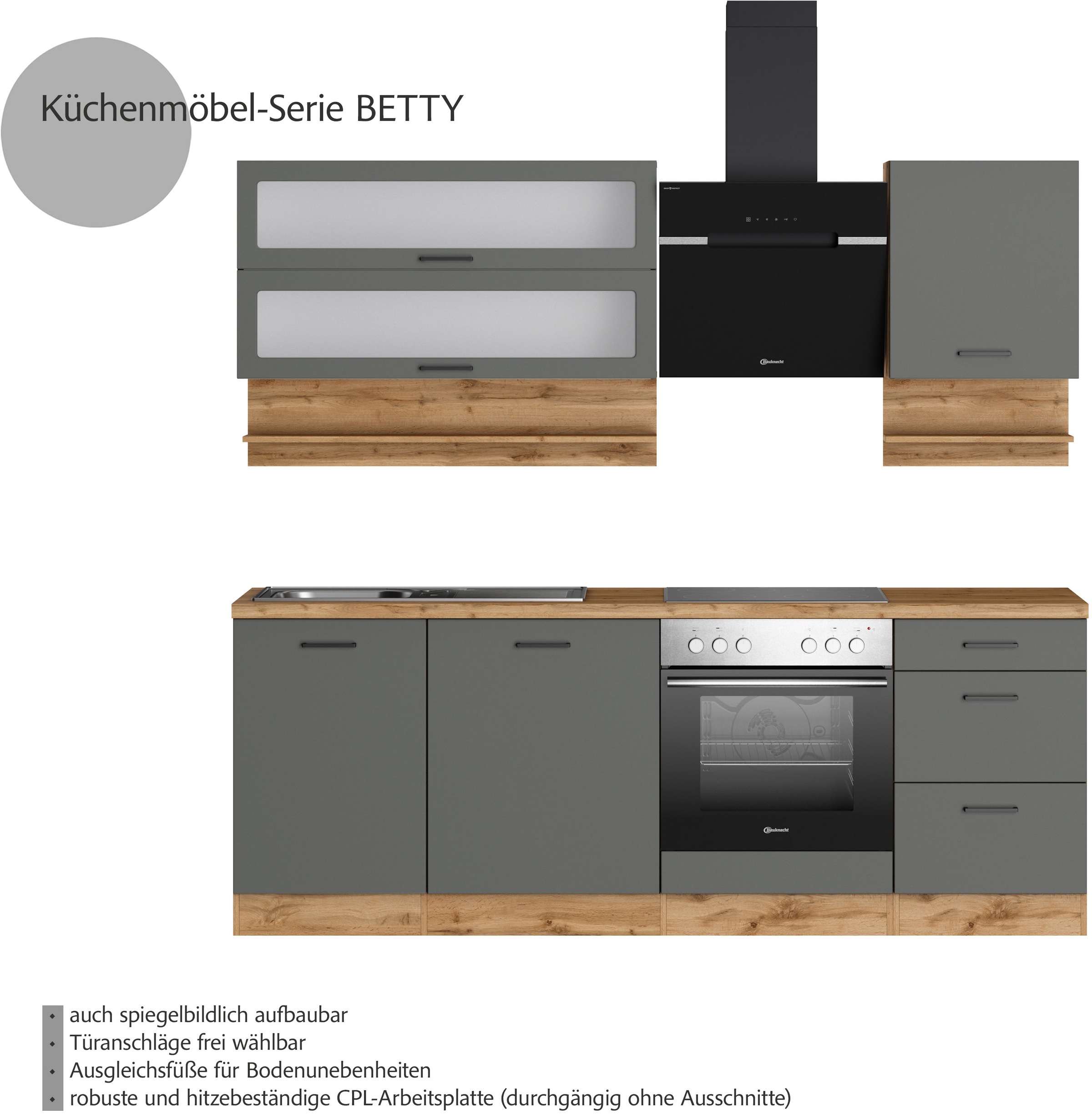 KOCHSTATION Küchenzeile »KS-Betty«, Breite 220 cm, mit E-Geräten von Bauknecht
