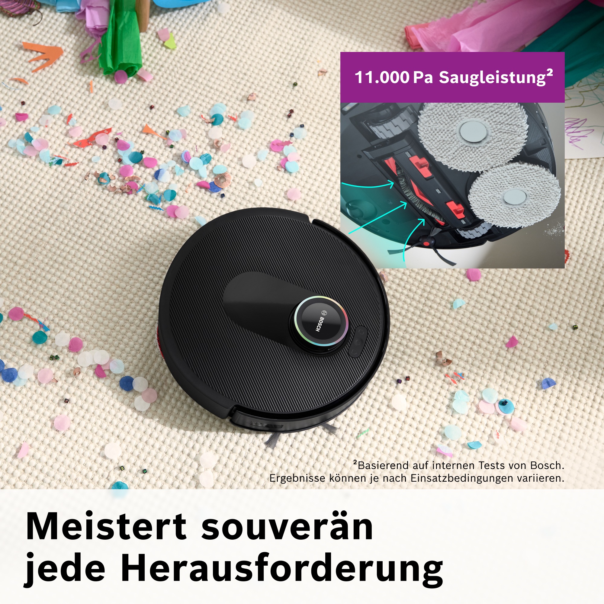BOSCH Saugroboter »Spotless Max Cam BCRDW3BX, rotierende Wischpads, 70°C Selbstreinigung«, Datensicherheit, 11.000 Pa Saugkraft, Absaugstation, Kamera