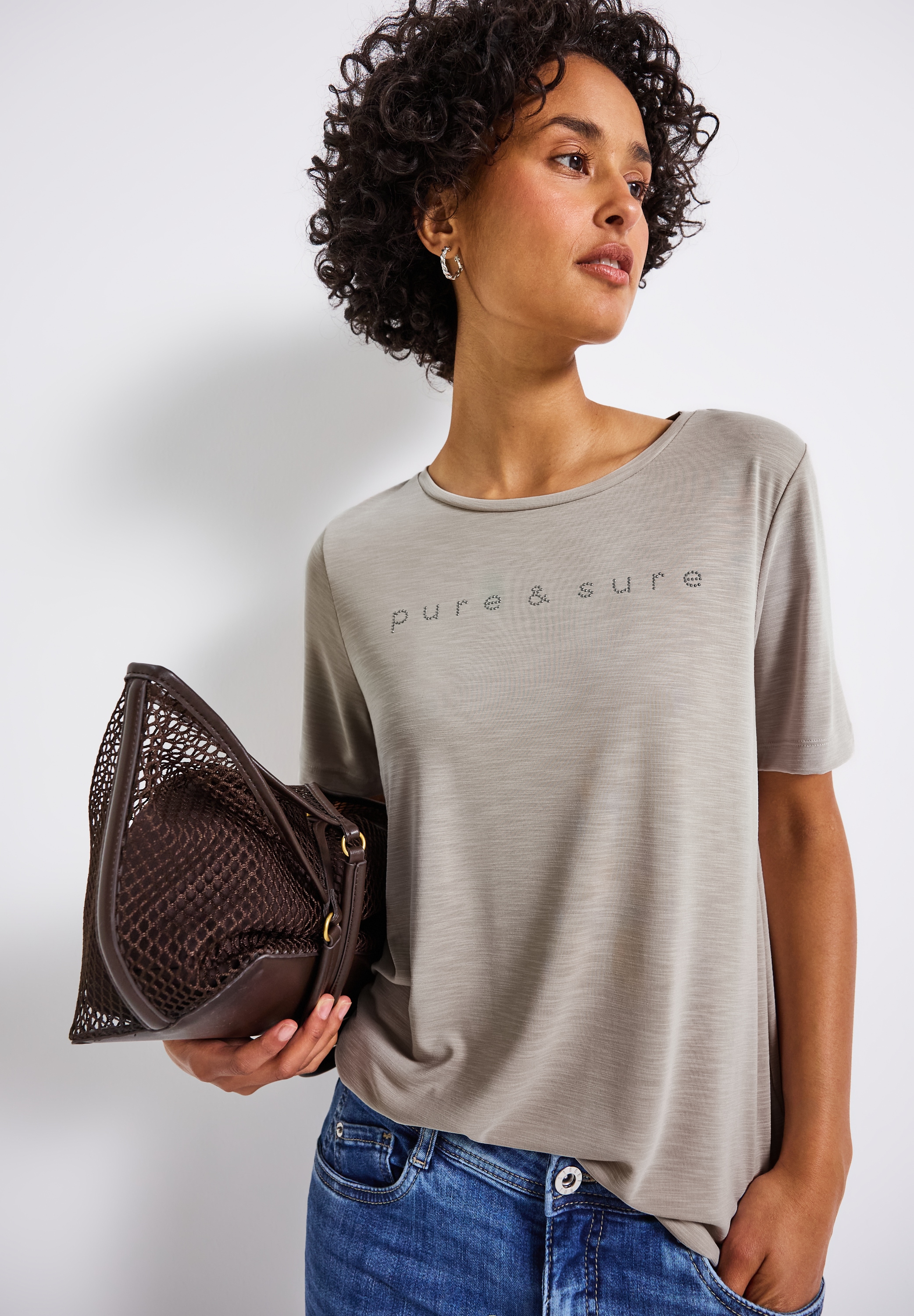 STREET ONE T-Shirt, mit Wording und Schmucksteinen günstig online kaufen