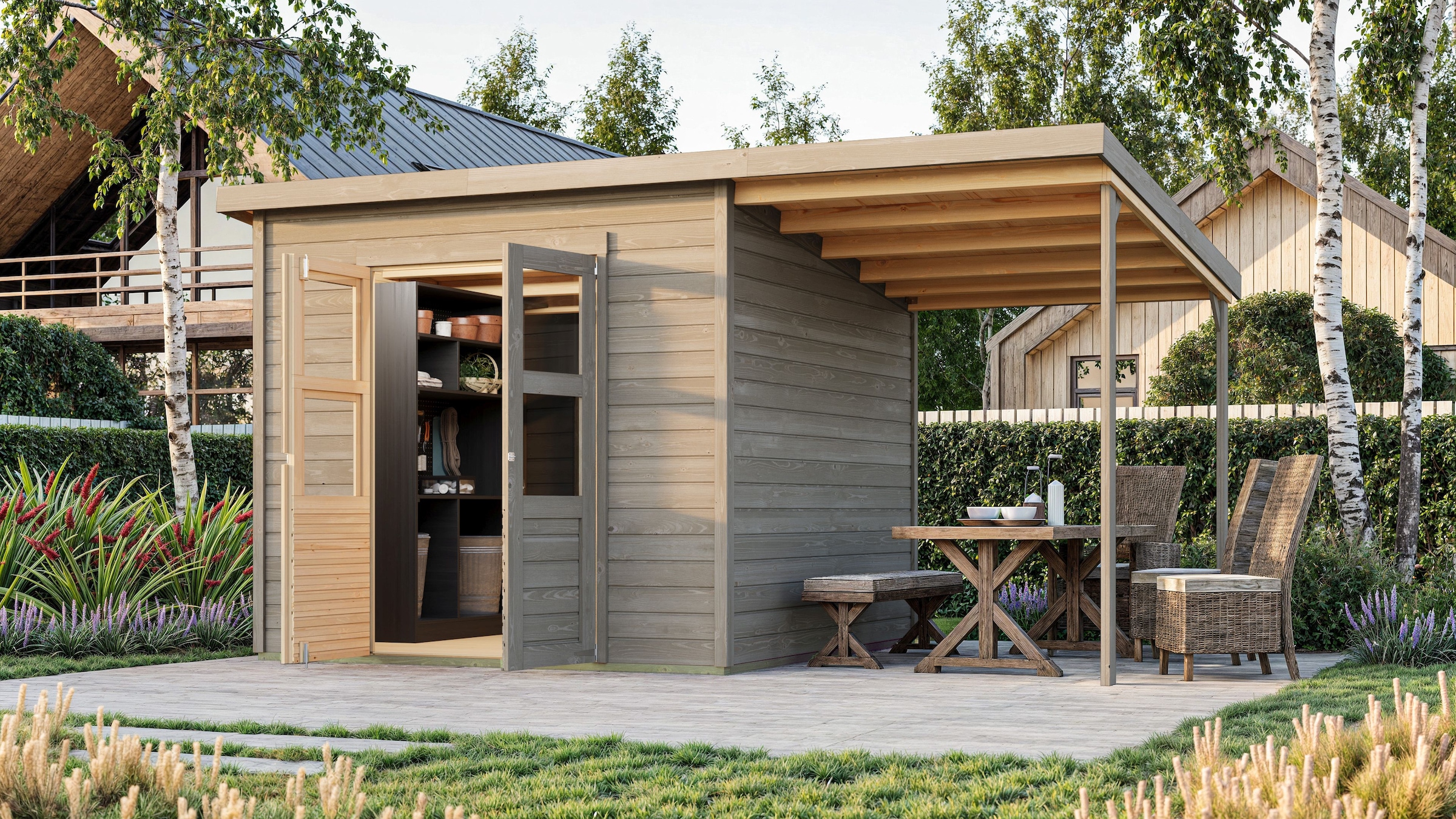 Karibu Gartenhaus ""Merseburg 6" vorvergraut mit Anbaudach" aus Fichtenholz günstig online kaufen