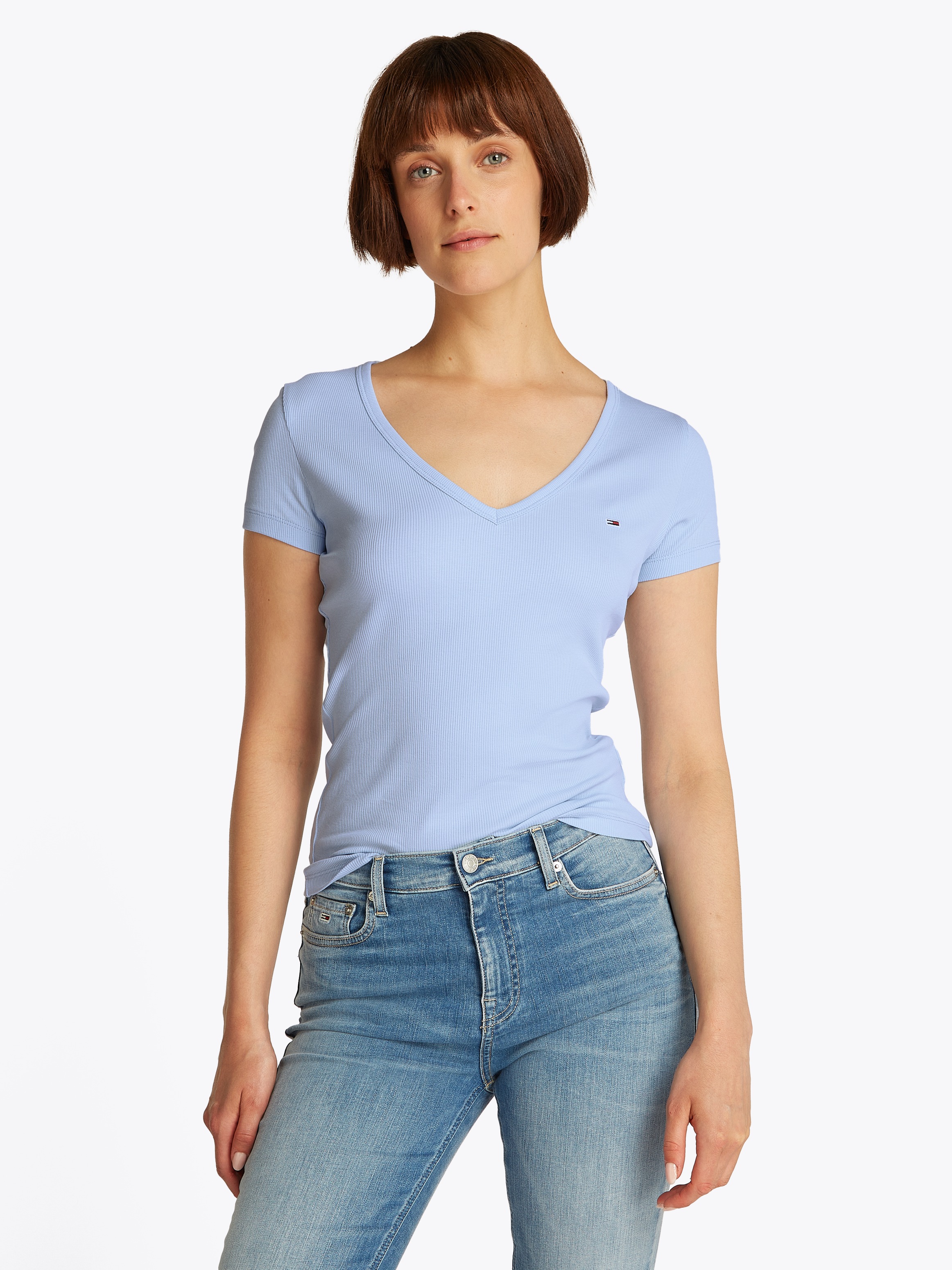 Tommy Jeans Kurzarmshirt "TJW SLIM ESSENTIAL RIB V SHORT SLEEVE" mit geripp günstig online kaufen