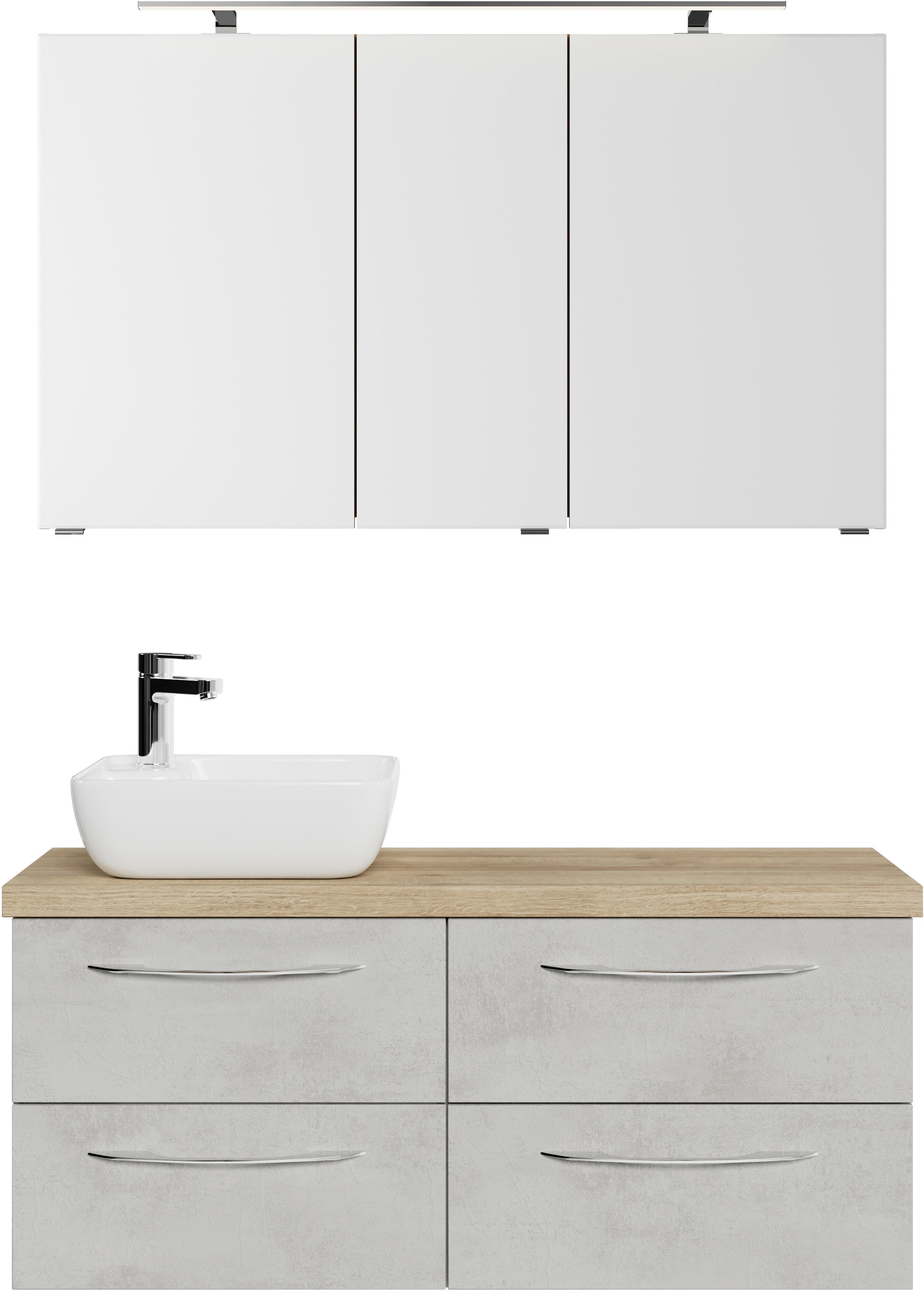 Saphir Badmöbel-Set »Serie 4035 2-teilig, Keramik-Aufsatzbecken mit LED-Spiegelschrank«, (Set), Waschplatz inkl. Türdämpfer, 120 cm breit, 4 Schubladen, 3 Türen