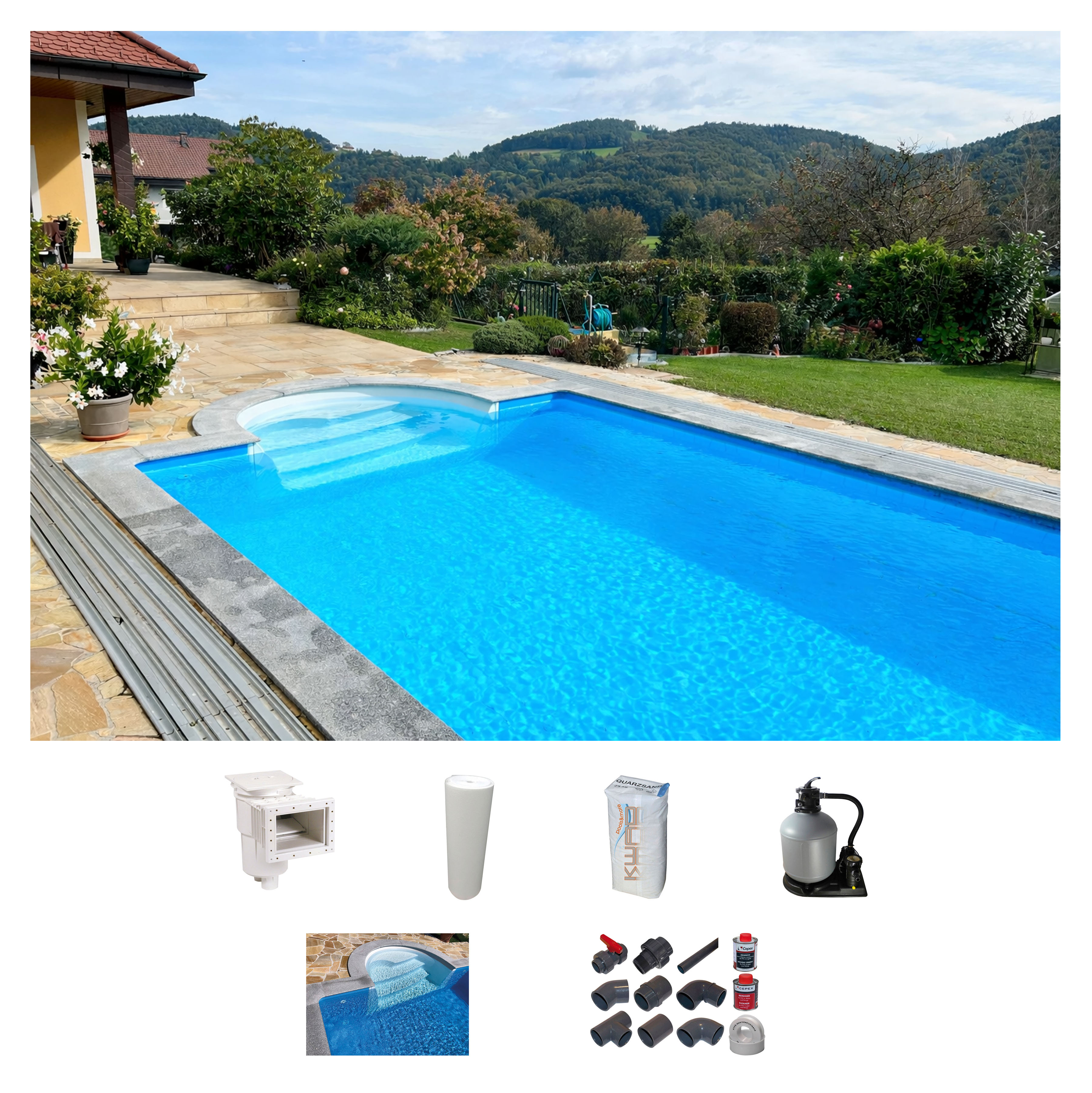 KWAD Rechteckpool "mit Römertreppe" 8x4, 7x3,5 oder 6x3m Höhe: 1,50m, mit Foliensack 0,6mm