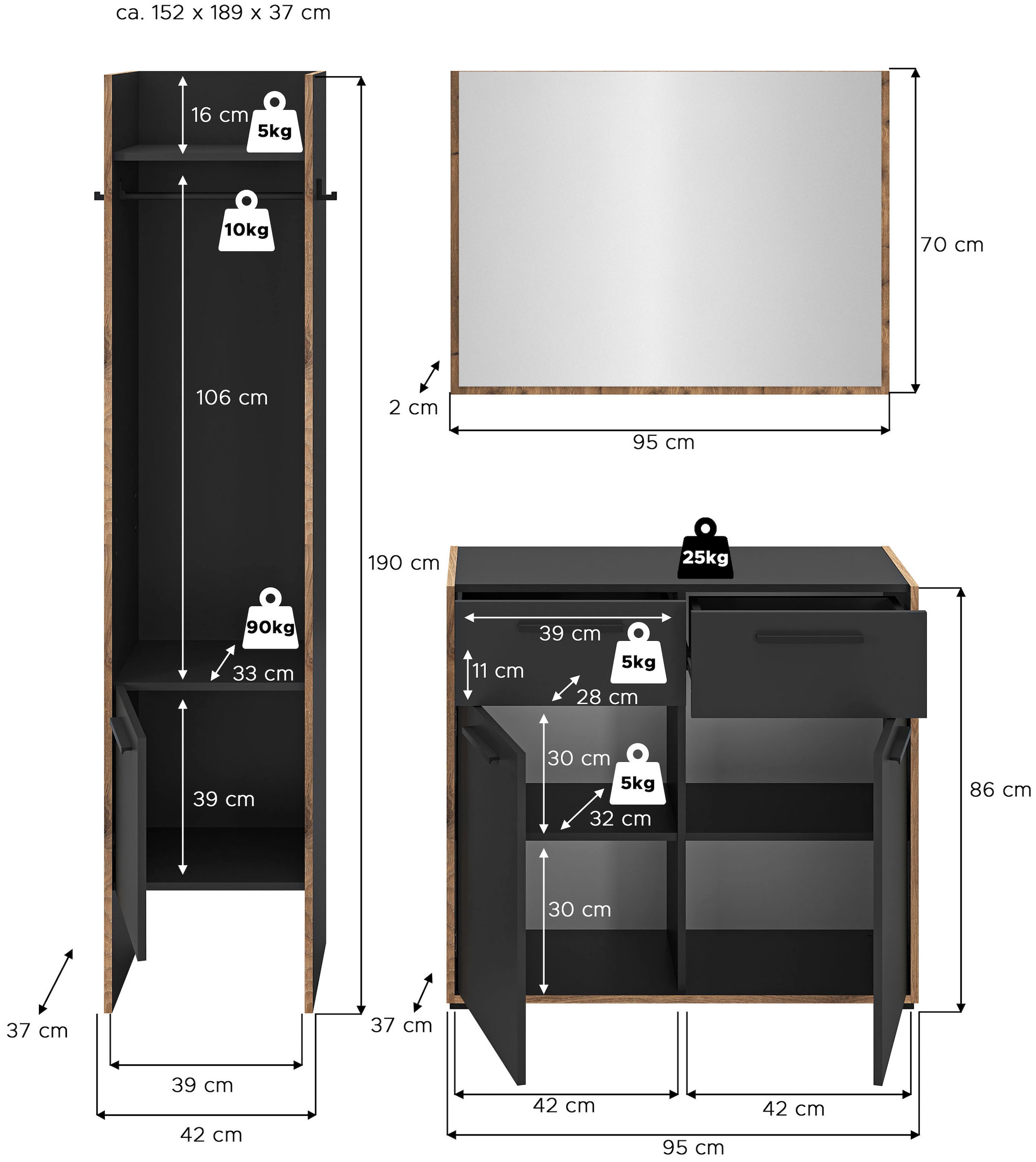 INOSIGN Garderoben-Set »MUSTA, 3-teilig: Garderobenschrank, Kommode & Garderobenspiegel«, Kombination, Kompaktgarderobe, Garderobenkombination, Garderobe