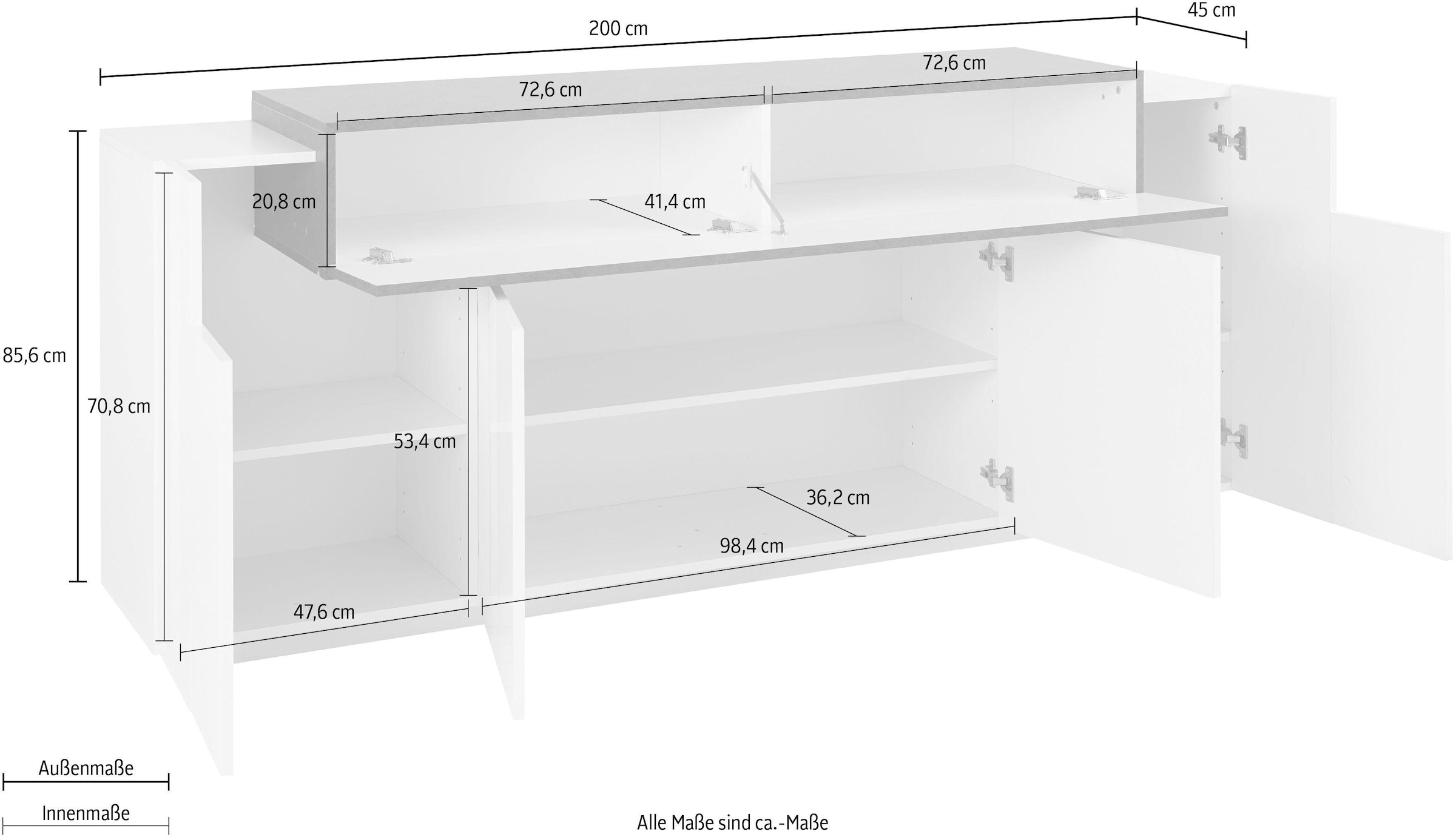 INOSIGN Sideboard »Coro, Kommode, Schrank, Kredenz, grifflos mit Einlegeböden«, 1 klappe,4 Türen, Doppeltiefe, B/T/H 200x45x85,6cm