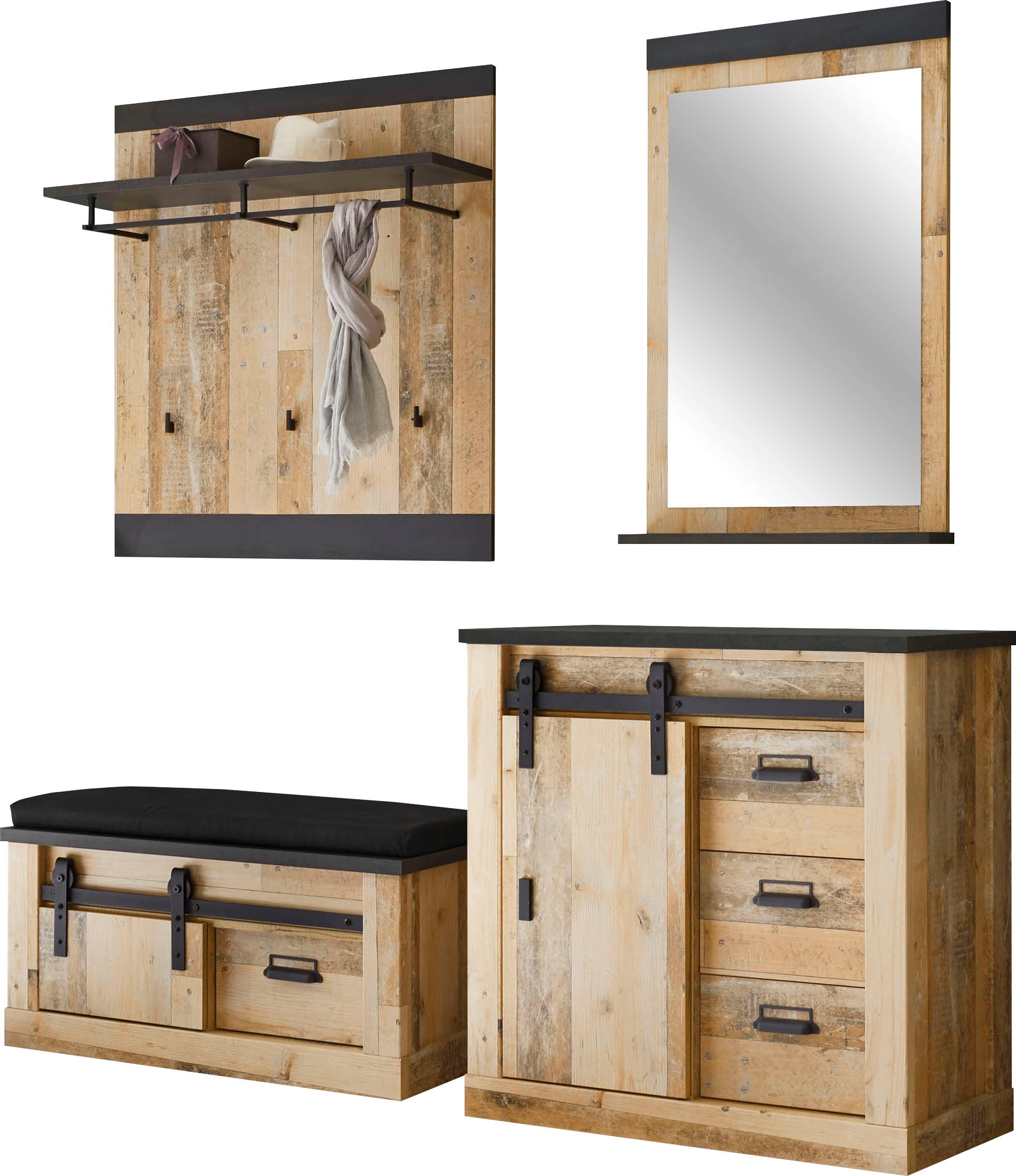 Home affaire Garderoben-Set "Sherwood, Garderobe im Industrial-Style, Komplettset mit viel Stauraum" 4 Stk. tlg.