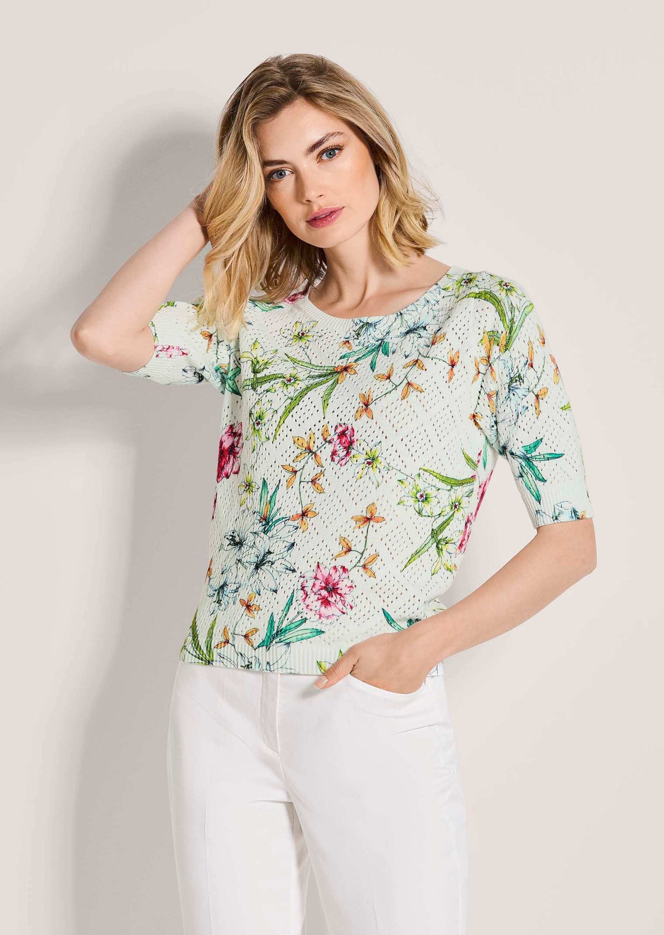 Thumbnail - MADELEINE Longpullover "Strickpullover Ajourpullover mit floralem Muster" Luftiges Ajour-Muster