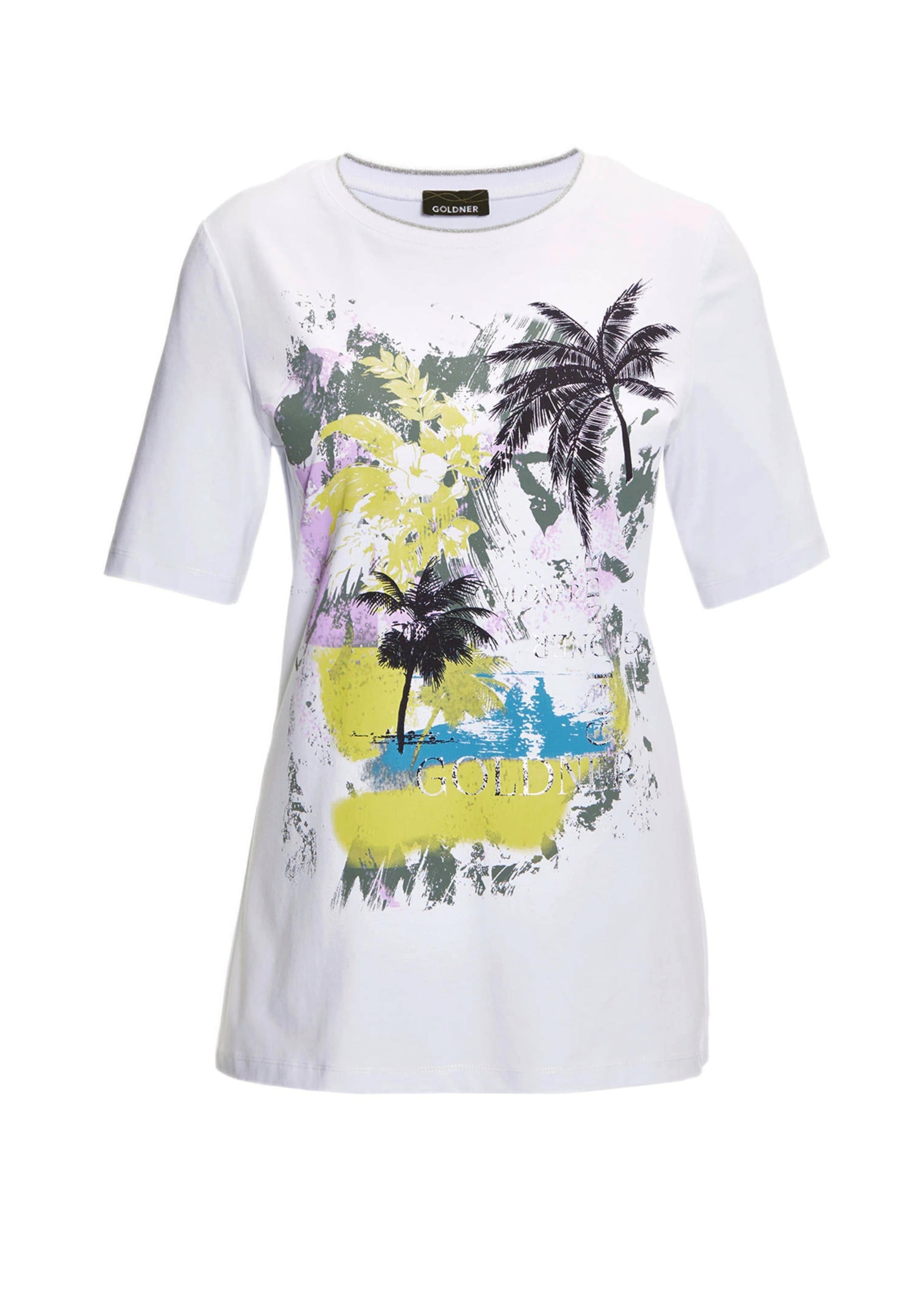 GOLDNER Print-Shirt "Kurzgröße Druckshirt aus pflegeleichtem Baumwoll-Jersey" Ausschnitt mit Rippenbesatz