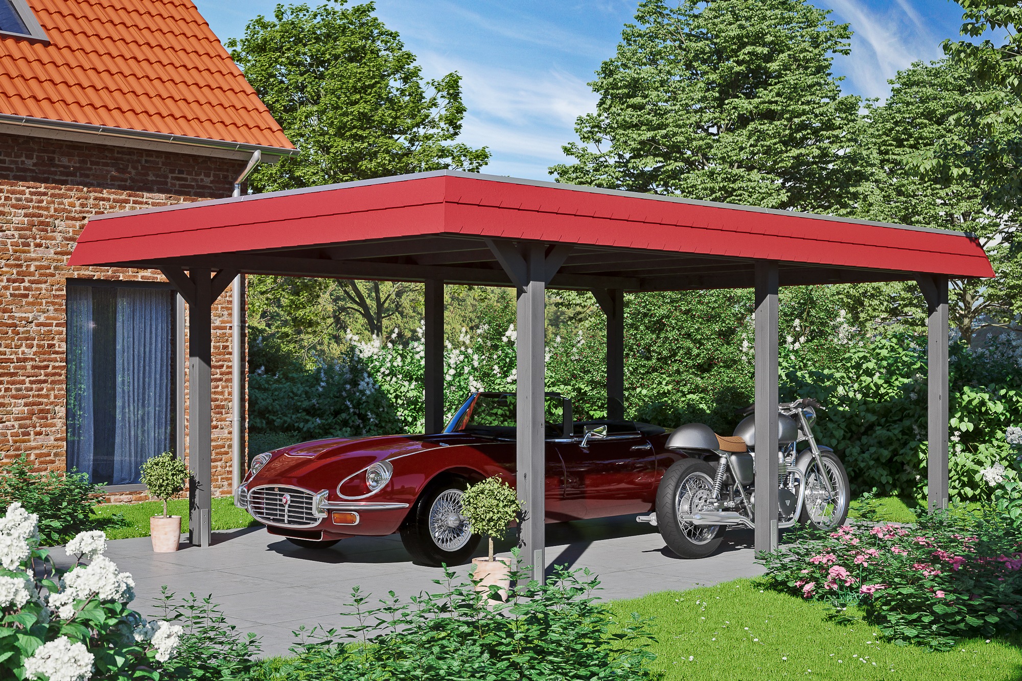 Skanholz Einzelcarport »Wendland«, 341 cm, Schiefergrau, mit Aluminiumdach, rote Blende