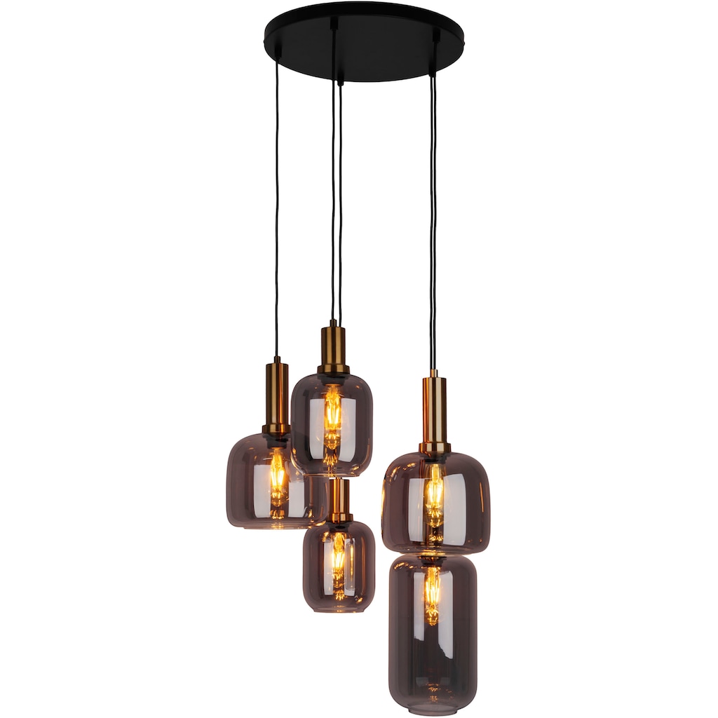 näve Pendelleuchte »Fumo«, 5 flammig-flammig, aus Metall in Schwarz und Gold und Rauchglas, Ø ca. 55 cm, Höhe 150 cm