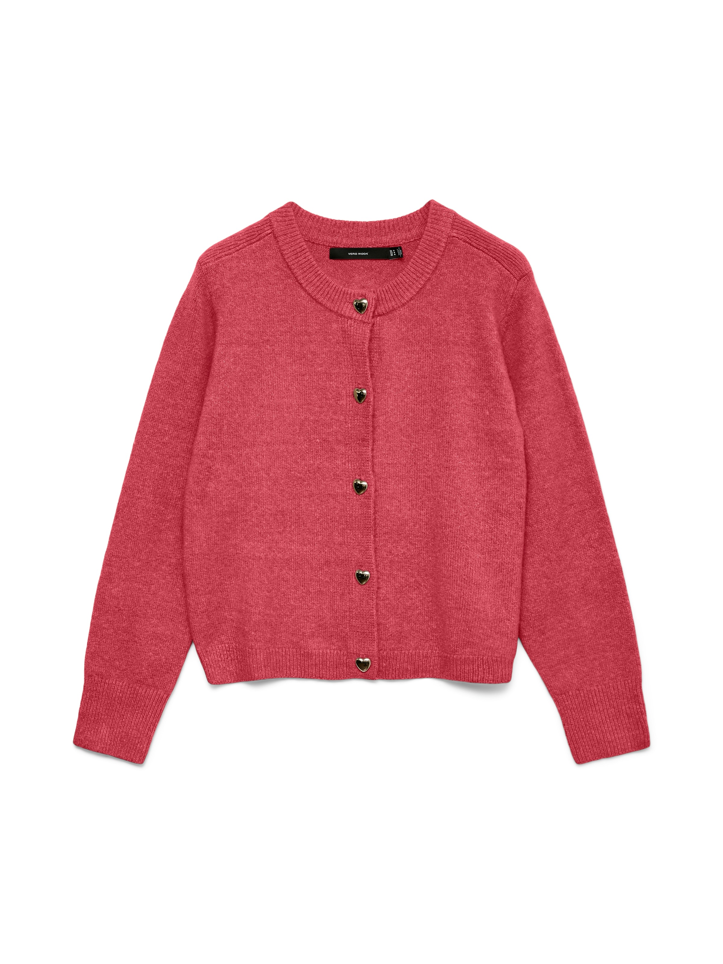 Strickjacke VERO MODA "VMFIONA LS SHORT BUTTON CARDIGAN GA BOO", Damen, Gr. XS, holly berry detail:melange with gold heart button, Strick, Obermaterial: 65% Polyester, 28% Polyacryl, 5% Wolle, 2% Elasthan, meliert, regular fit normal, Rundhals, Rippbündch 3