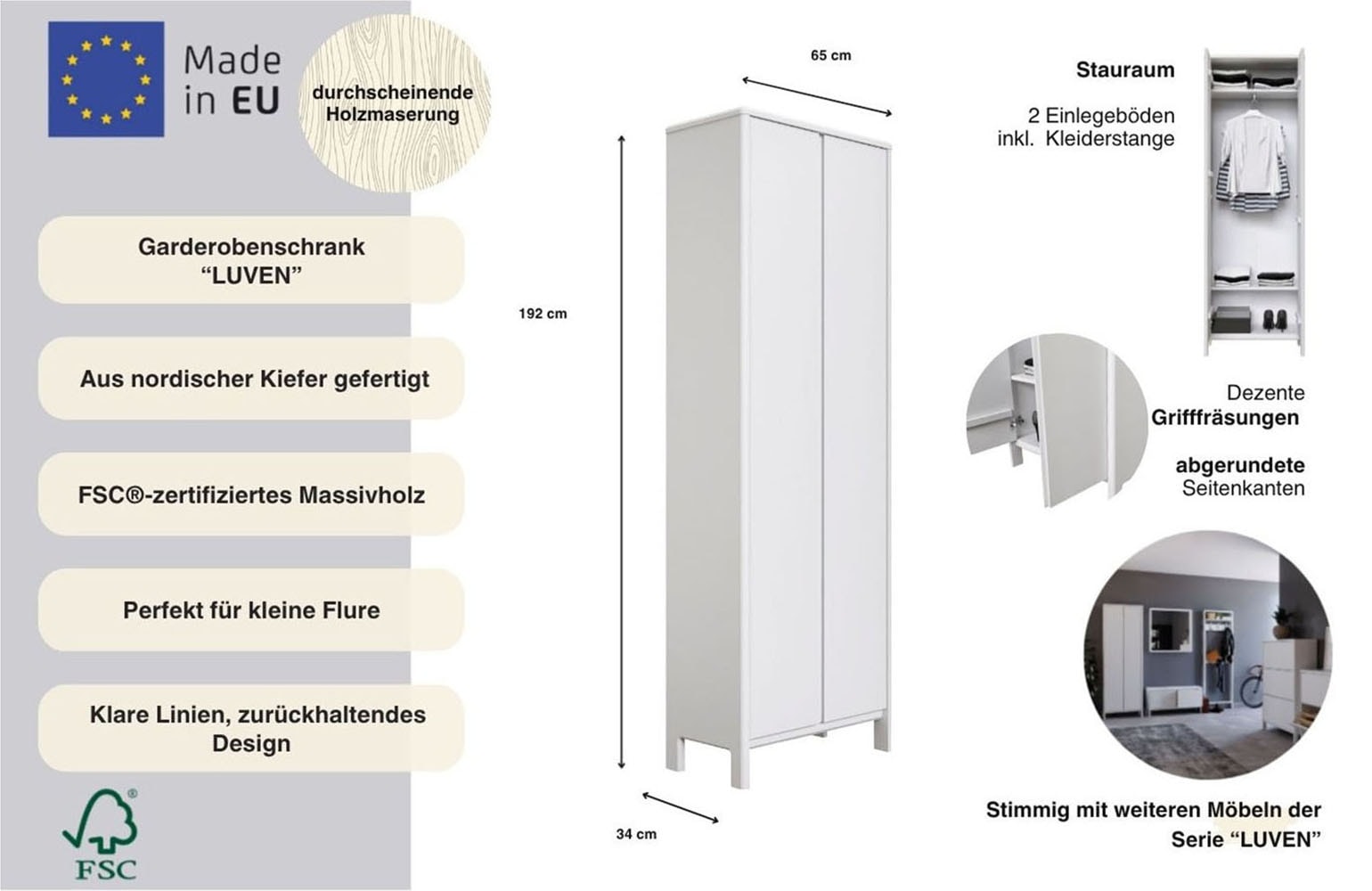 OTTO home Garderobenschrank »Luven, Dielenschrank, Kleiderschrank, Schrank« FSC®-zertifiziertes Massivholz, Höhe 192 cm