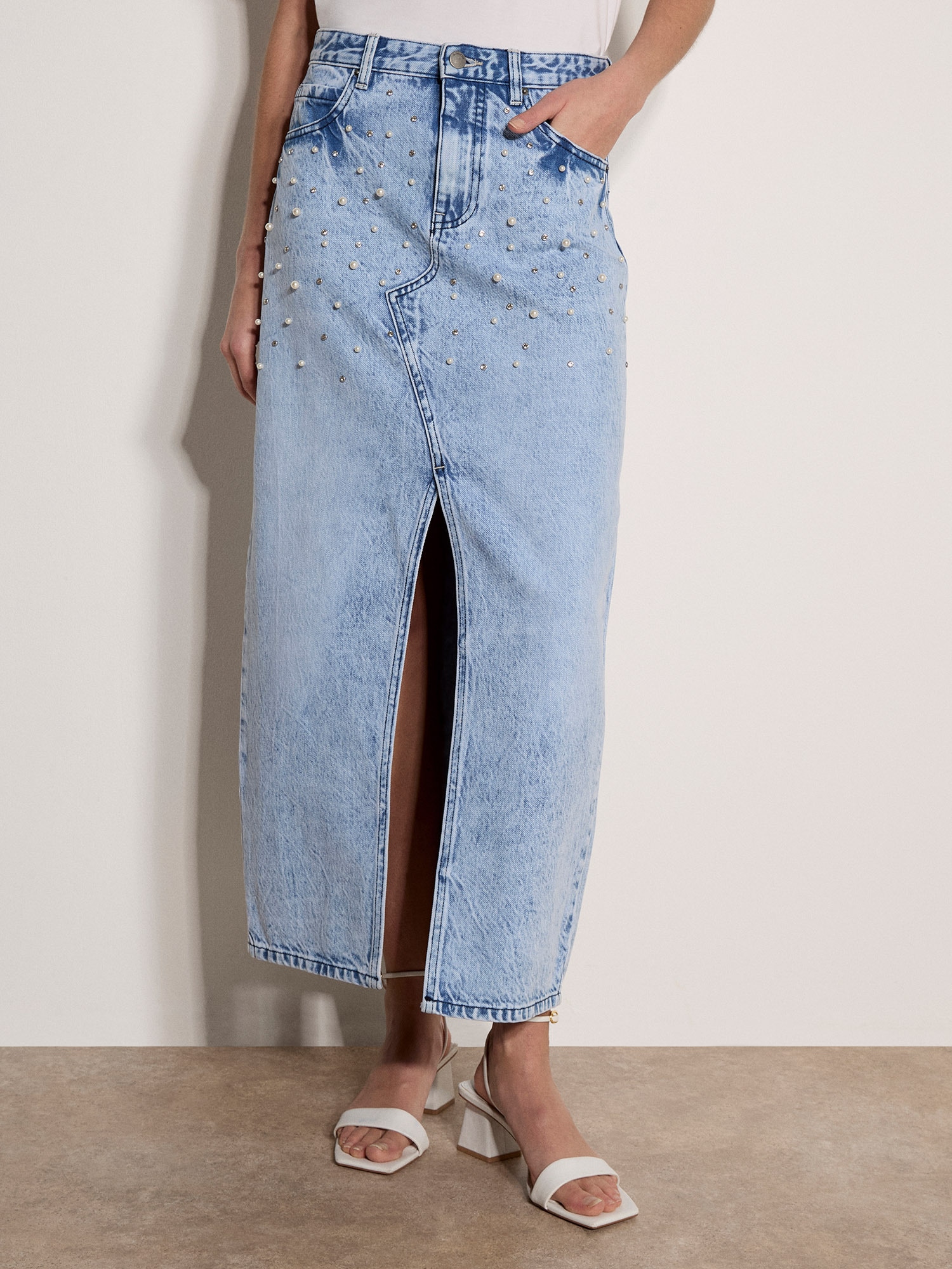 Apricot Midirock "Midi-Jeansrock mit Perlenverzierung" mit Perlenverzierung