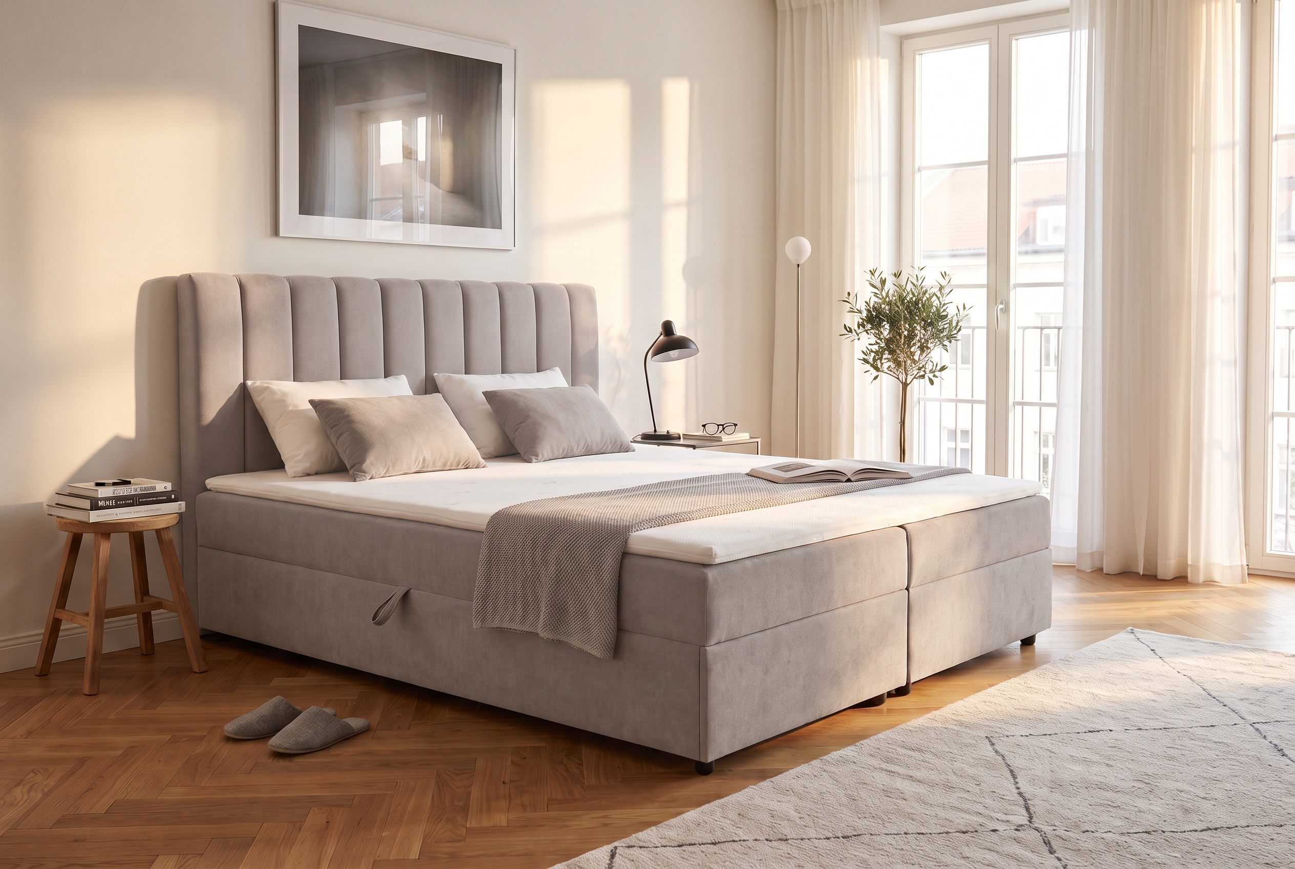 OTTO home Boxbett "HAILEYY, Polsterbett mit Bettkasten, inkl. Taschenfederkernmatratze H3" mit Kaltschaumtopper, Chenille-Bezug, 140x200 & 180x200 cm