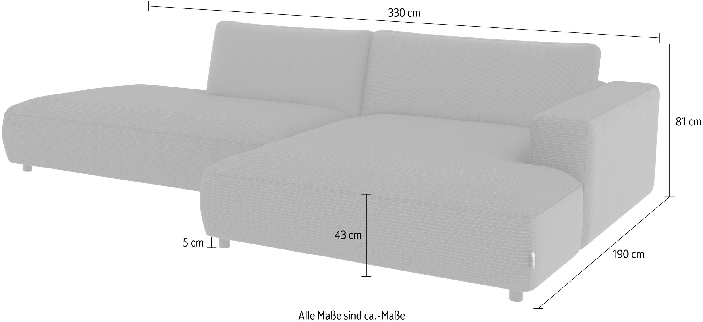 Musterring Ecksofa »Lucia«, verschiedene Farben, großer Longchair mit Armlehne, B330 x T190 cm
