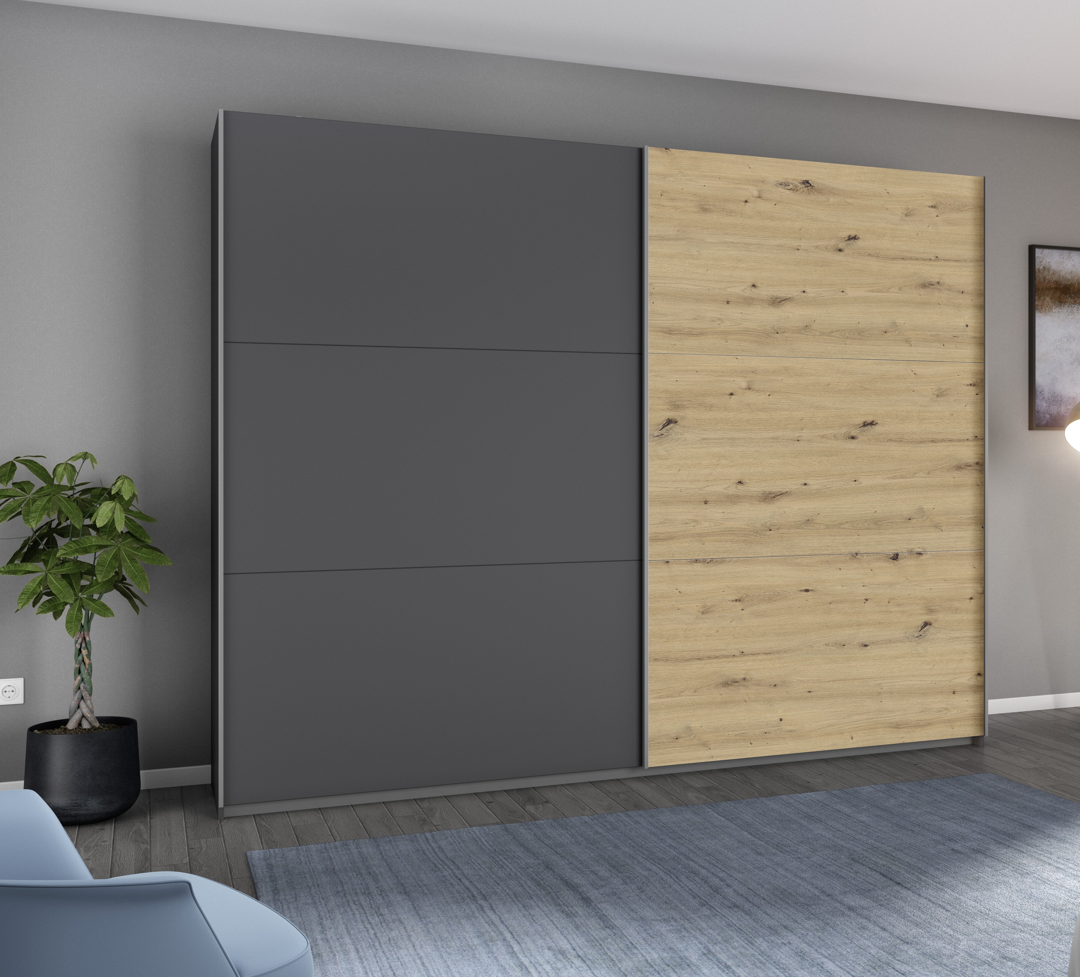 rauch Schwebetürenschrank "AURELIO Kleiderschrank Garderobe" 3 Ausstattungen BASIC/CLASSIC/PREMIUM (inkl. SOFT-CLOSE-FUNKTION), 3 verschiedene Ausstattungsvarianten Griffe aus Metall MADE IN GERMANY