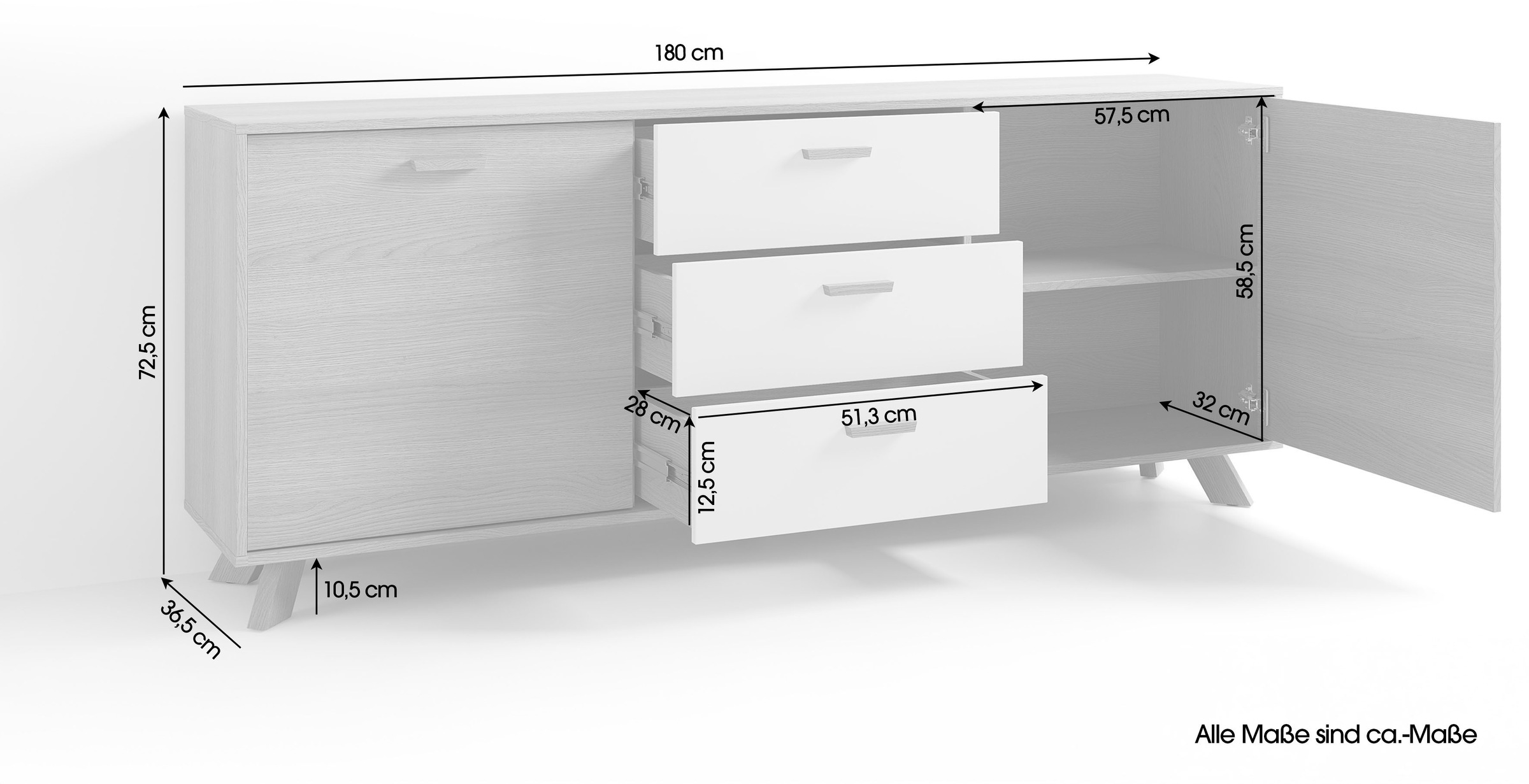 byLIVING Sideboard »Bastian« 1 Stk. tlg. mit massiven Holzfüßen und Griffen, natürlicher Eichenlook, 180cm