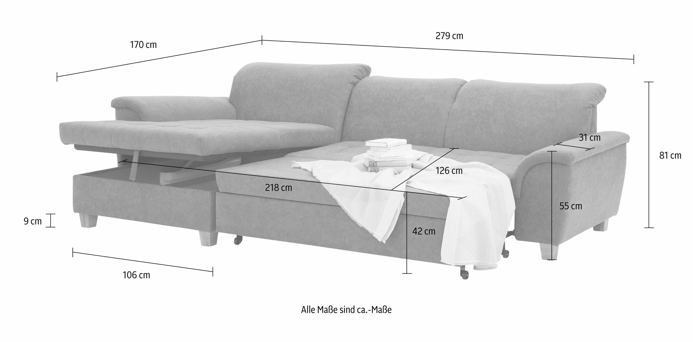 Home affaire Ecksofa »Lyla L-Form«, mit Recamiere, wahlweise mit Rückenfunktion und zusätzlich mit Bett