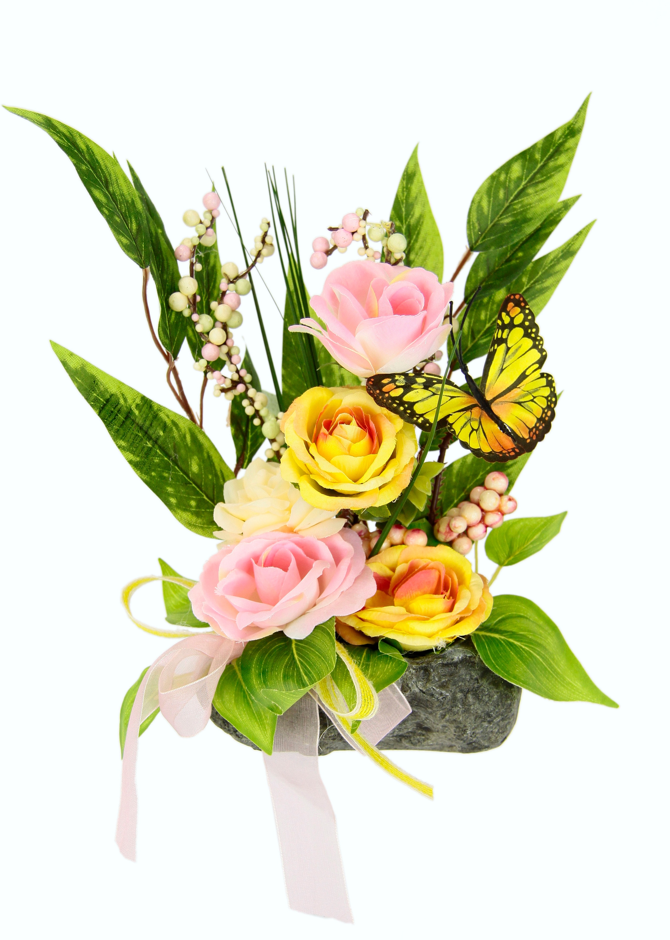 Kunstpflanze »Rosen, Schmetterling, Beeren und Schleife«, 22 cm