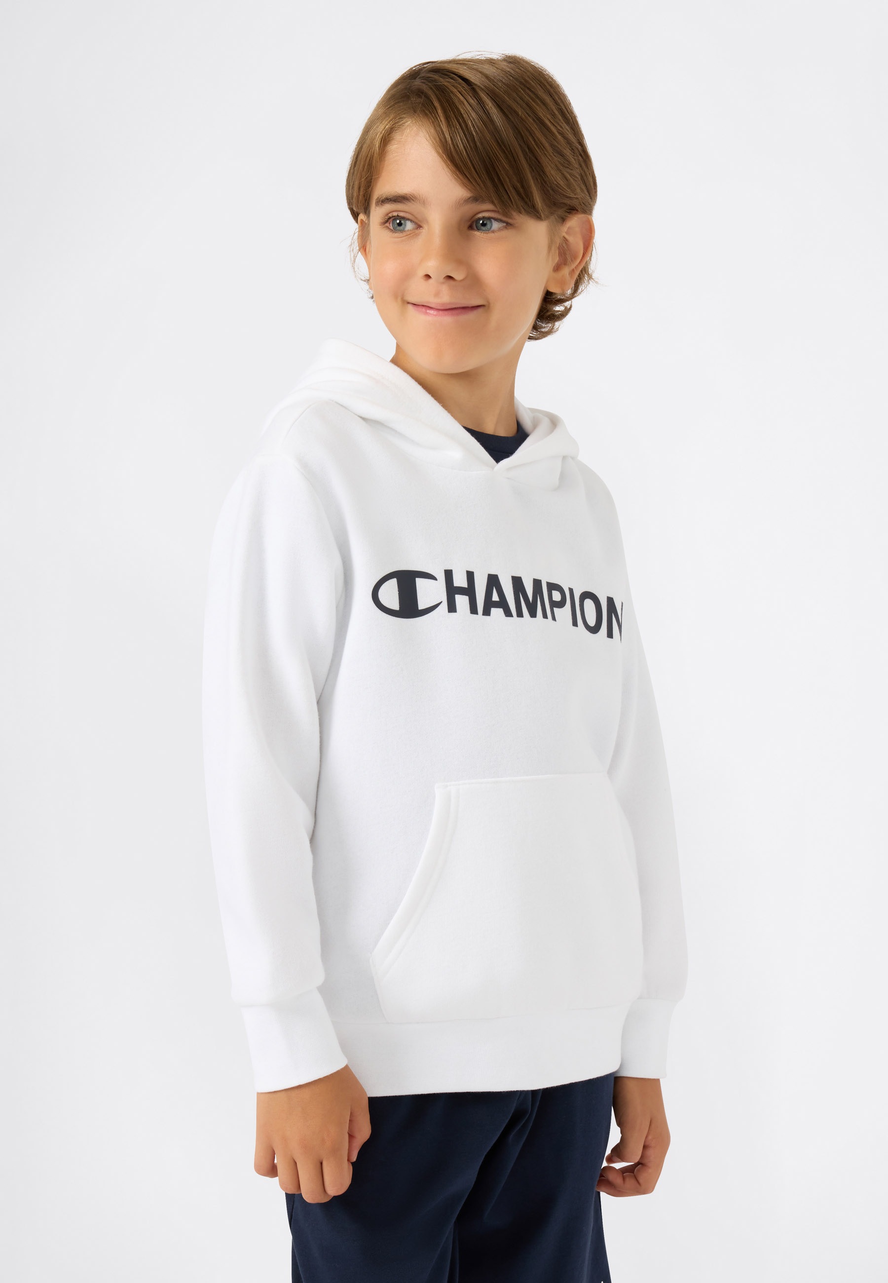 Kapuzensweatshirt CHAMPION "SPORTWEAR HOODIE Standard Fit", Jungen, Gr. S (128/134), wht, Obermaterial: 54% Baumwolle, 46% Polyester, Sweatshirts