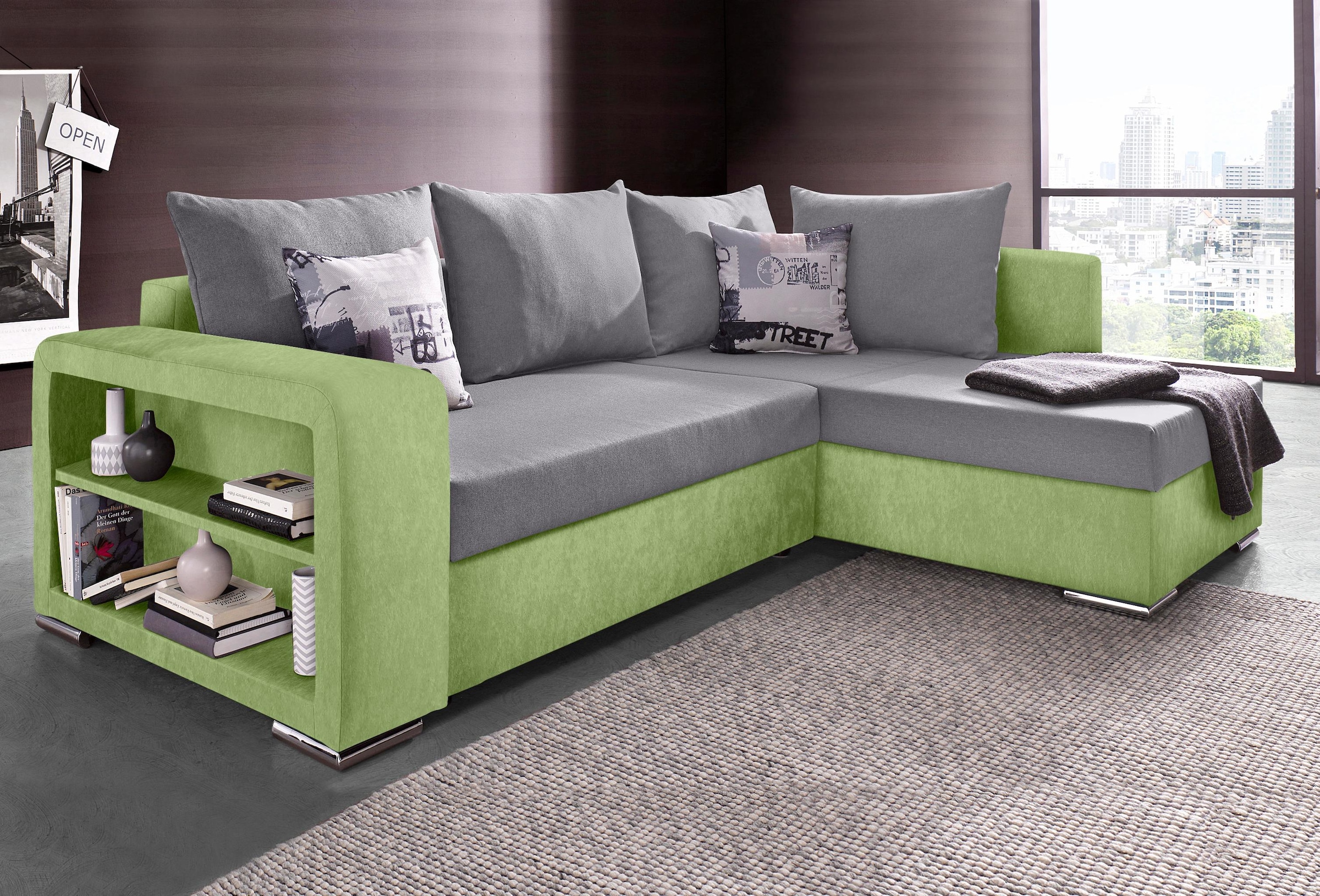 COLLECTION AB "John L-Form, B: 226 cm, Schlaffunktion & Bettkasten" Regalelement & 2 Zierkissen, Couch mit Federkern