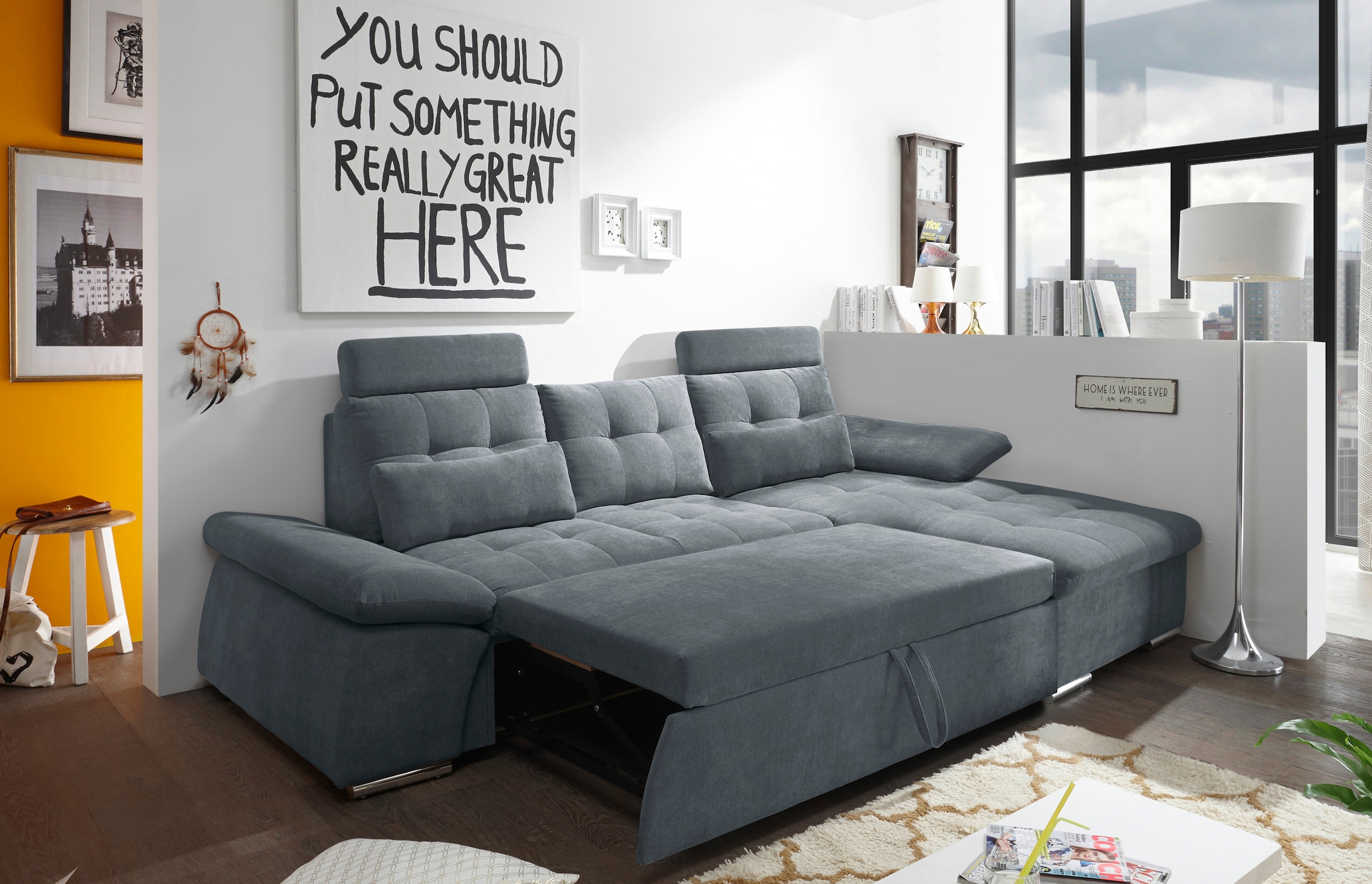 ED EXCITING DESIGN Ecksofa »Nalo L-Form«, mit Bettfunktion, Armteilverstellung, Kopfstützen & 2 Nierenkissen