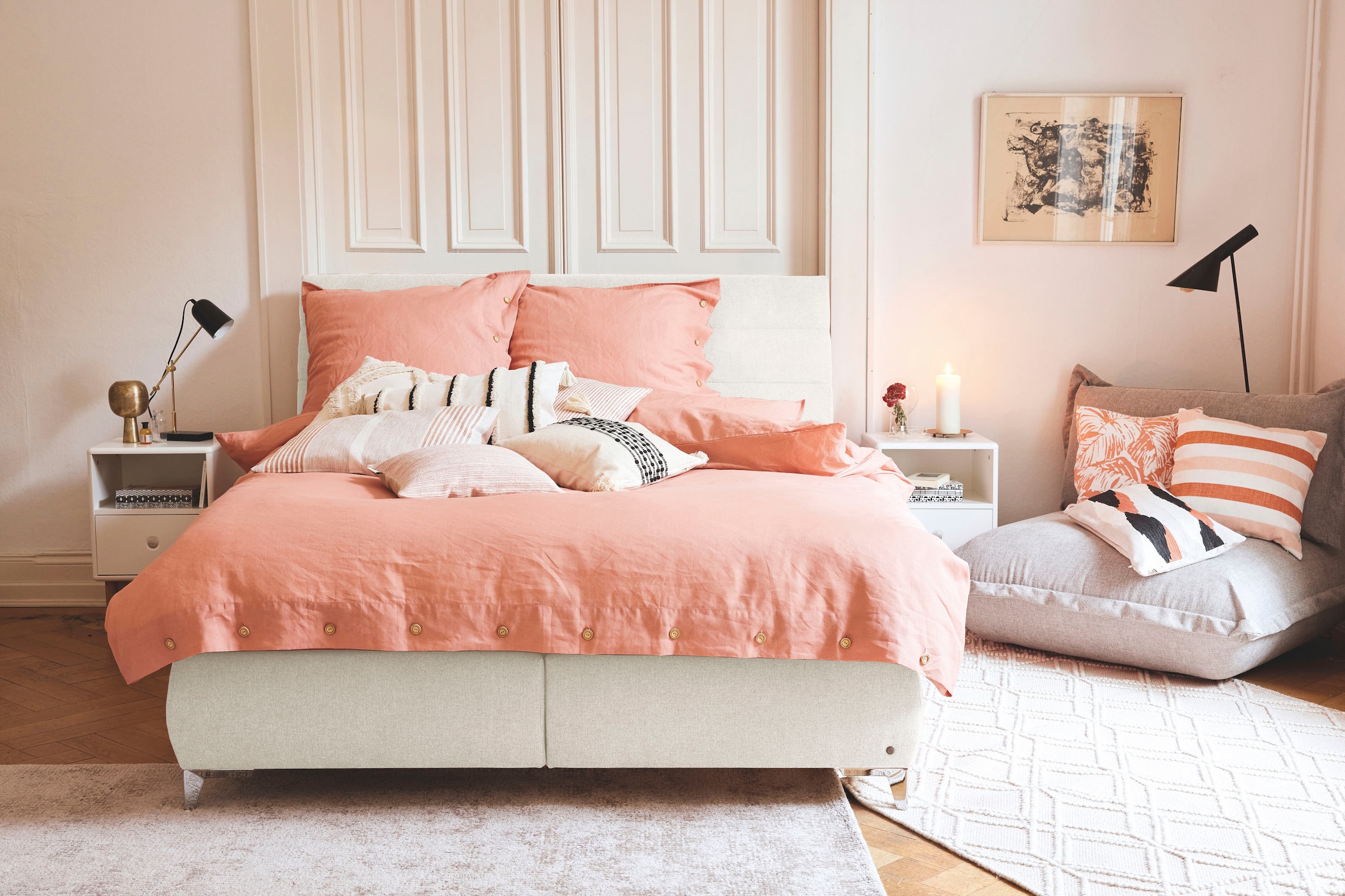 TOM TAILOR Boxspringbett »SOFT LINES BOX«, mit geschwungenem Kopfteil mit horizontaler Steppung, ohne Print