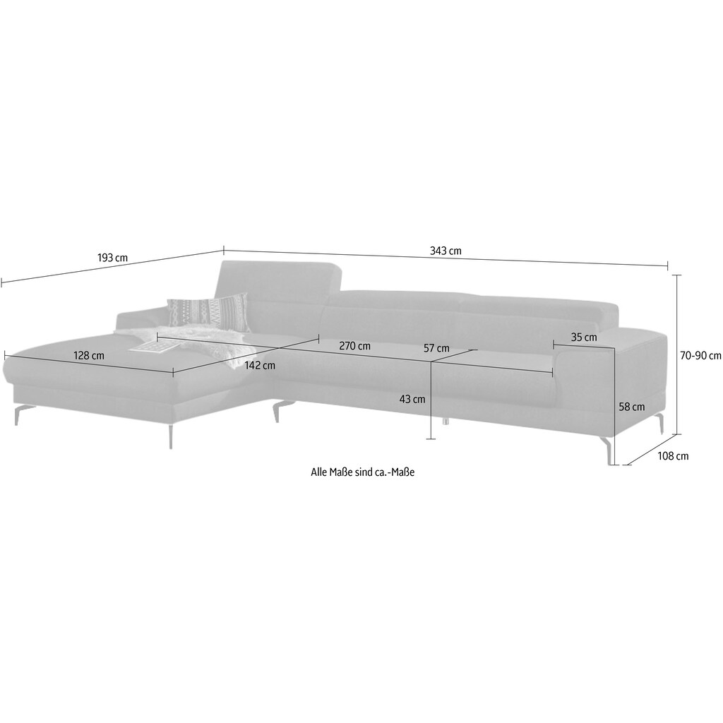 W.SCHILLIG Ecksofa »piedroo«, Kopfteilverstellung, wahlweise mit Sitztiefenverstellung, Breite 343cm