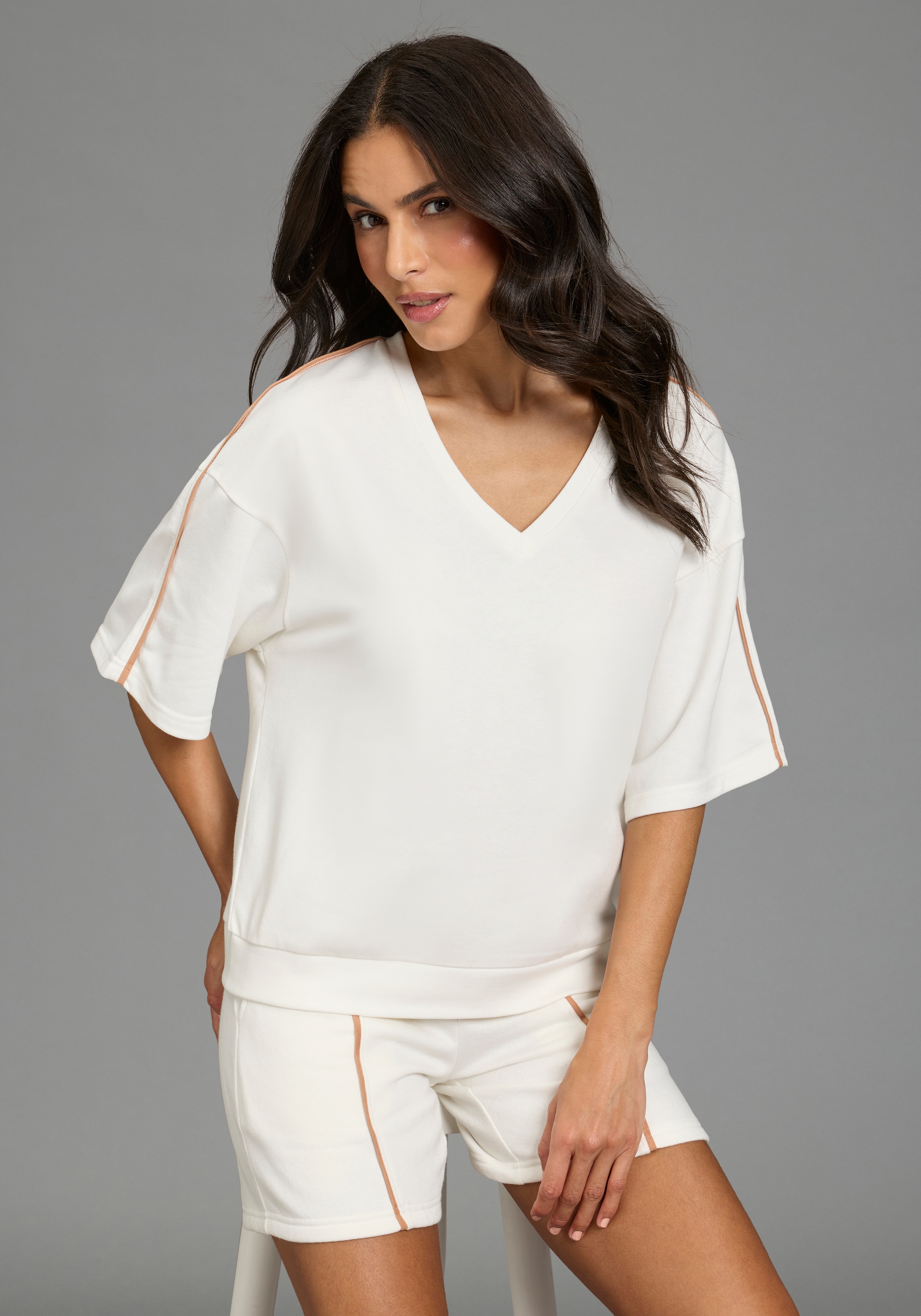 Laura Scott Sweater, casual Stil, mit V-Ausschnitt, mit Farbeinsatz, halbarm
