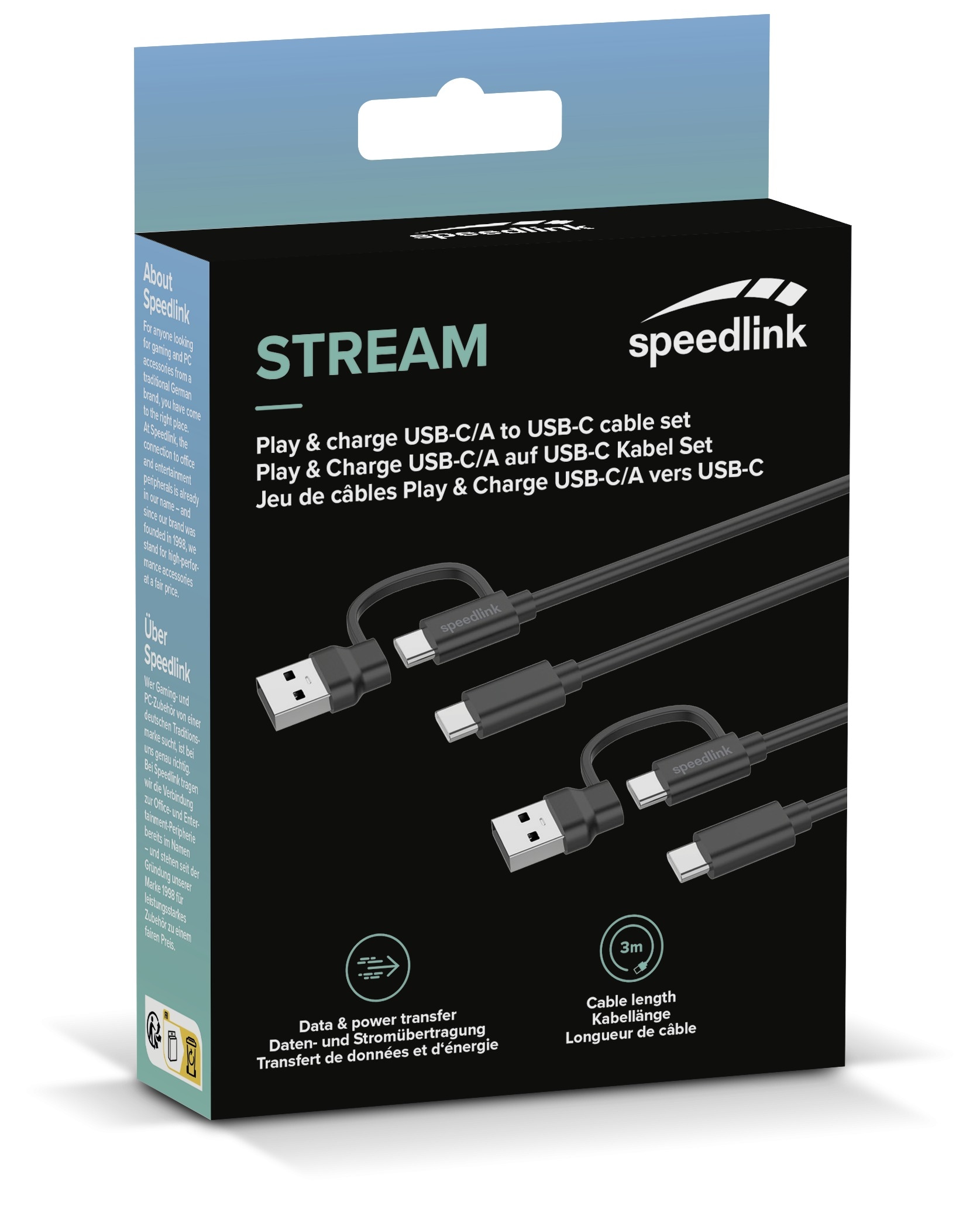 Speedlink USB-Ladegerät »STREAM Play & Charge USB-C/USB-A«, 2 Stück Ladekabel für Controller PS5 Xbox Switch Controller, 3 Meter