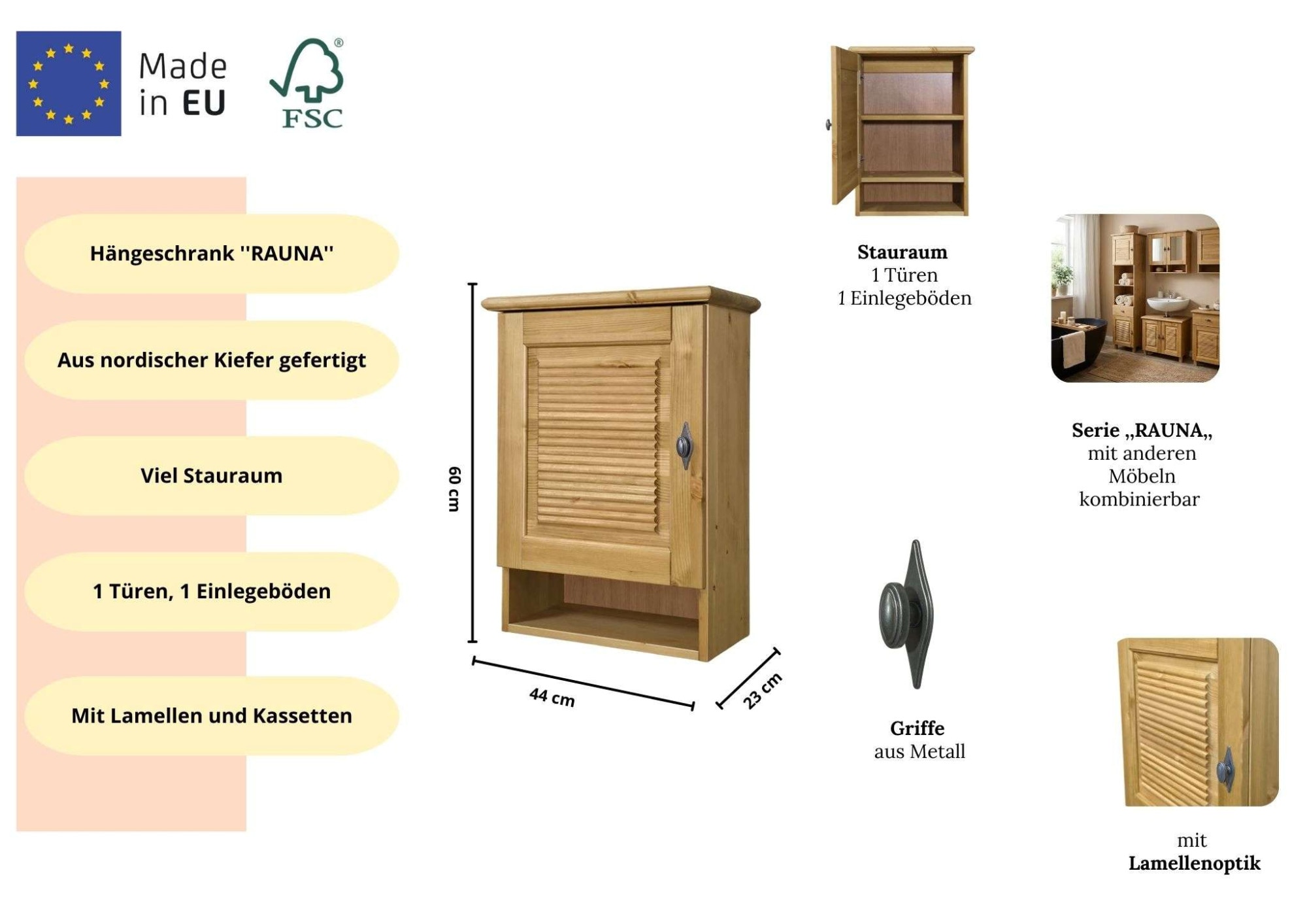 OTTO home Hängeschrank »Rauna« aus massiver Kiefer, Breite 44 cm, Rillenoptik, made in EU