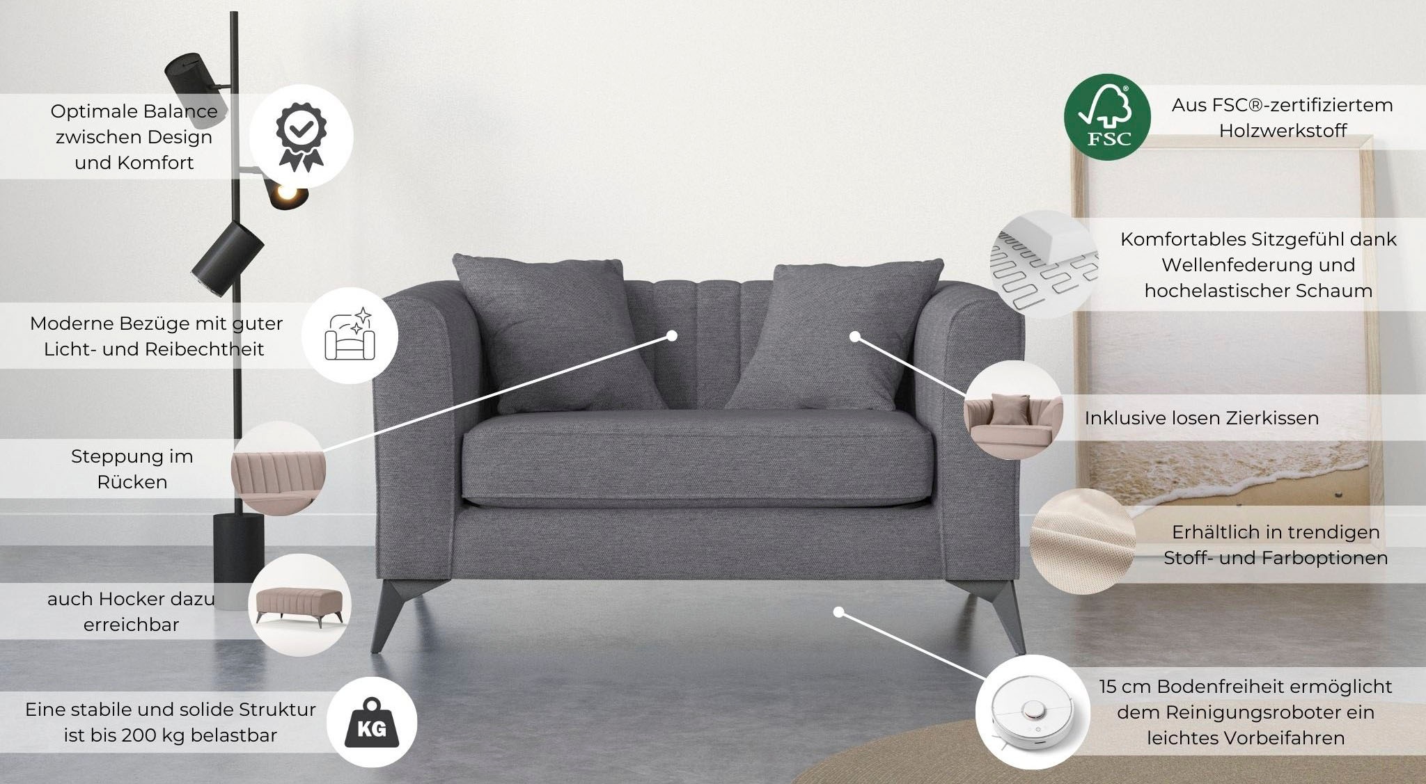 Places of Style Loveseat »MATTHEW Loungesessel, Maße B/T/H: 130/86/74 cm«, incl. Zierkissen, feine Steppung im Rücken, belastbar bis 200kg