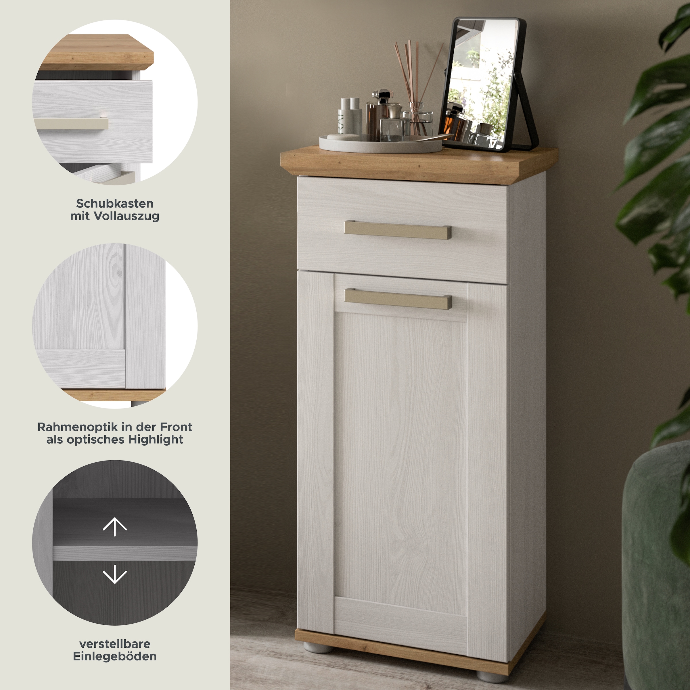 welltime Unterschrank »COSENZA, Höhe 85cm, 1 Tür, 1 Schubkasten, 1 Einlegeboden, 2 Fächer« in Landhausoptik, mit weiteren Artikel der Serie kombinierbar, 1 Stk. tlg. Standschrank, Badezimmerschrank, Bad, Badezimmer