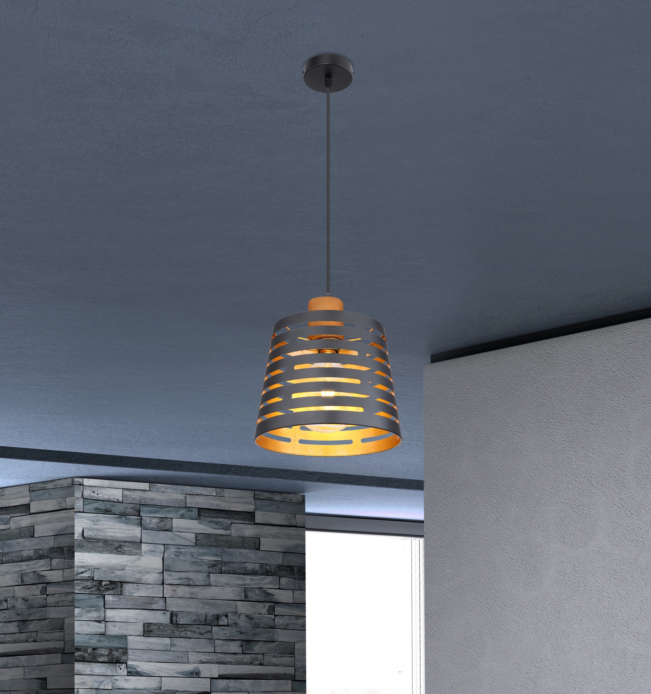 GLOBO LIGHTING Hängeleuchte »ABLONA«, Leuchtmittel E27 | ohne Leuchtmittel, Hängelampe/Pendelleuchte/Holz/goldfarben/Höhe kürzbar