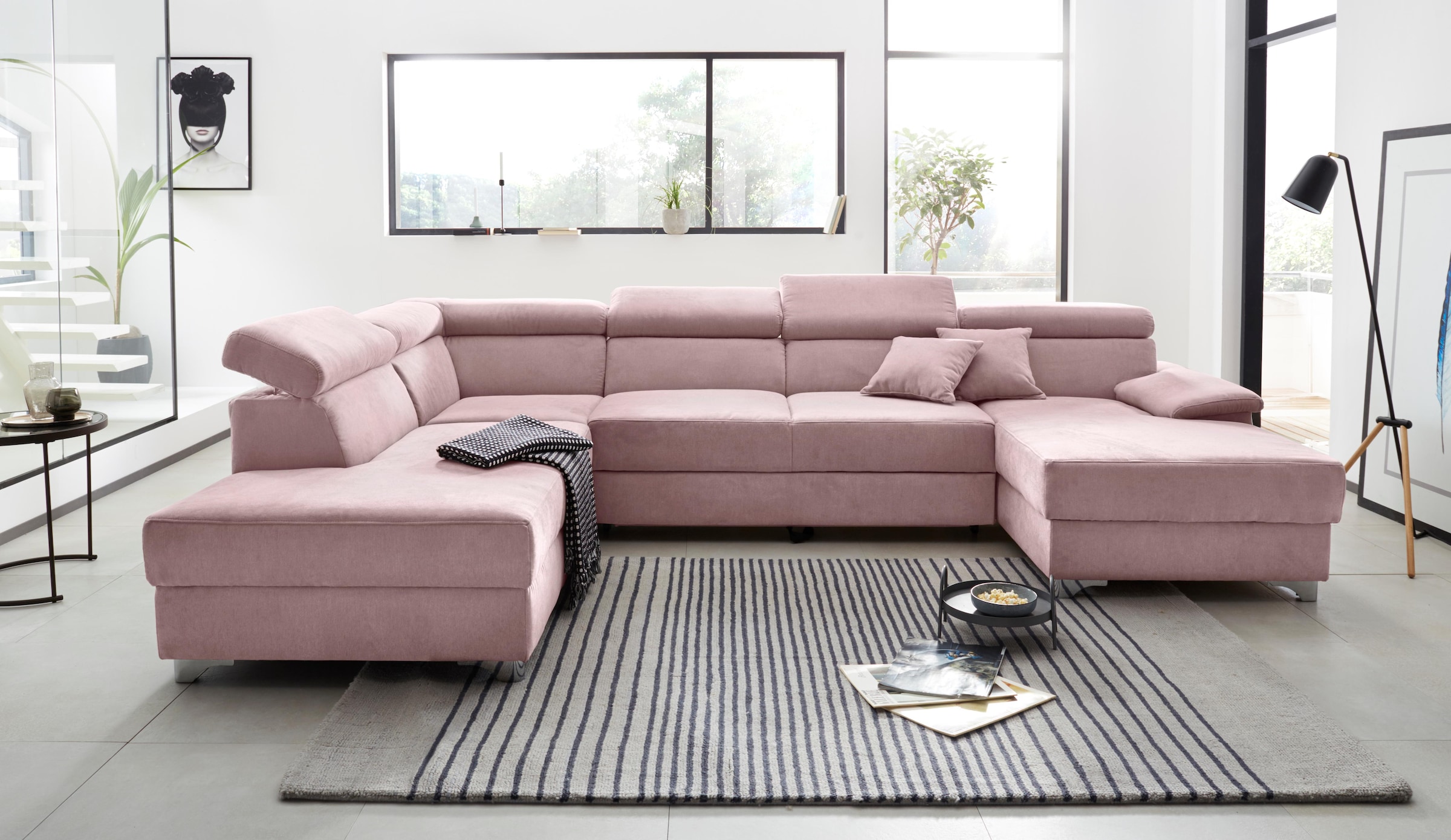 DOMO collection Wohnlandschaft "Mira, inklusive Kopfteilverstellung für mehr Wohlfühlkomfort, U-Form" wahlweise mit Bettfunktion und Bettkasten, elegant und modern