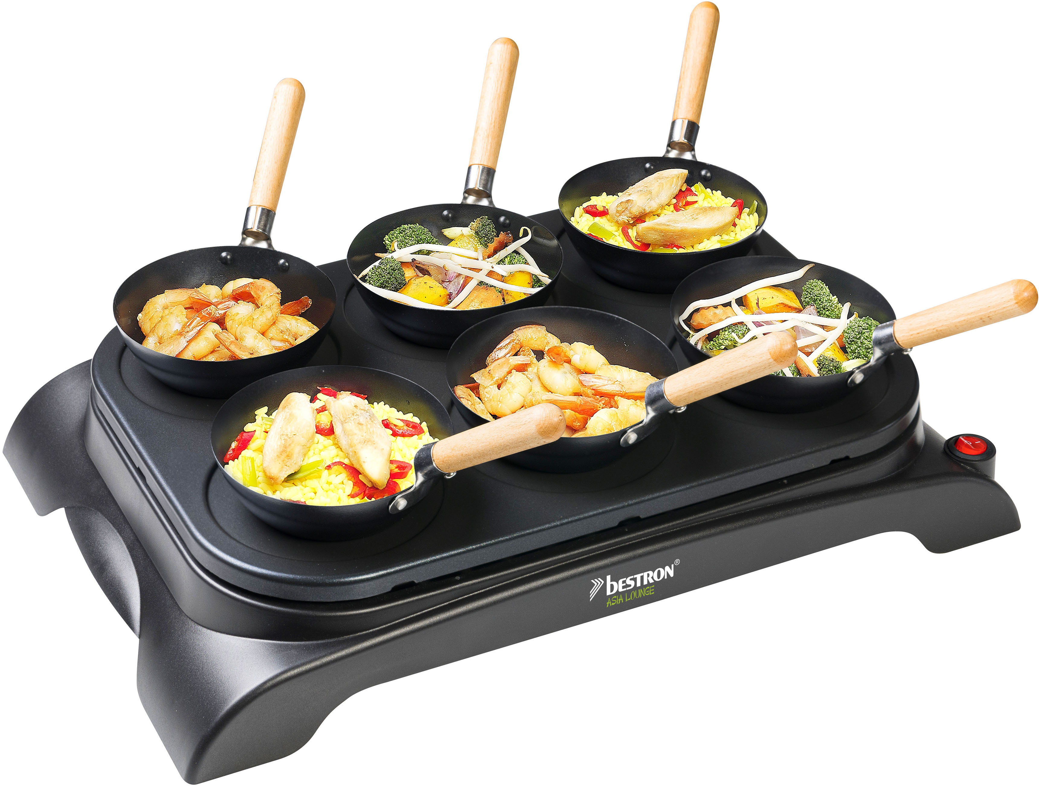 Bestron Raclette AWS600, 6 St. Raclettepfännchen, 1000 W, elektrisches Party-Wok-Set, Tischgrill mit Mini Wok Pfannen für 6 Personen, inkl. 6 Holzspatel & 1 Schöpflöffel, Schwarz