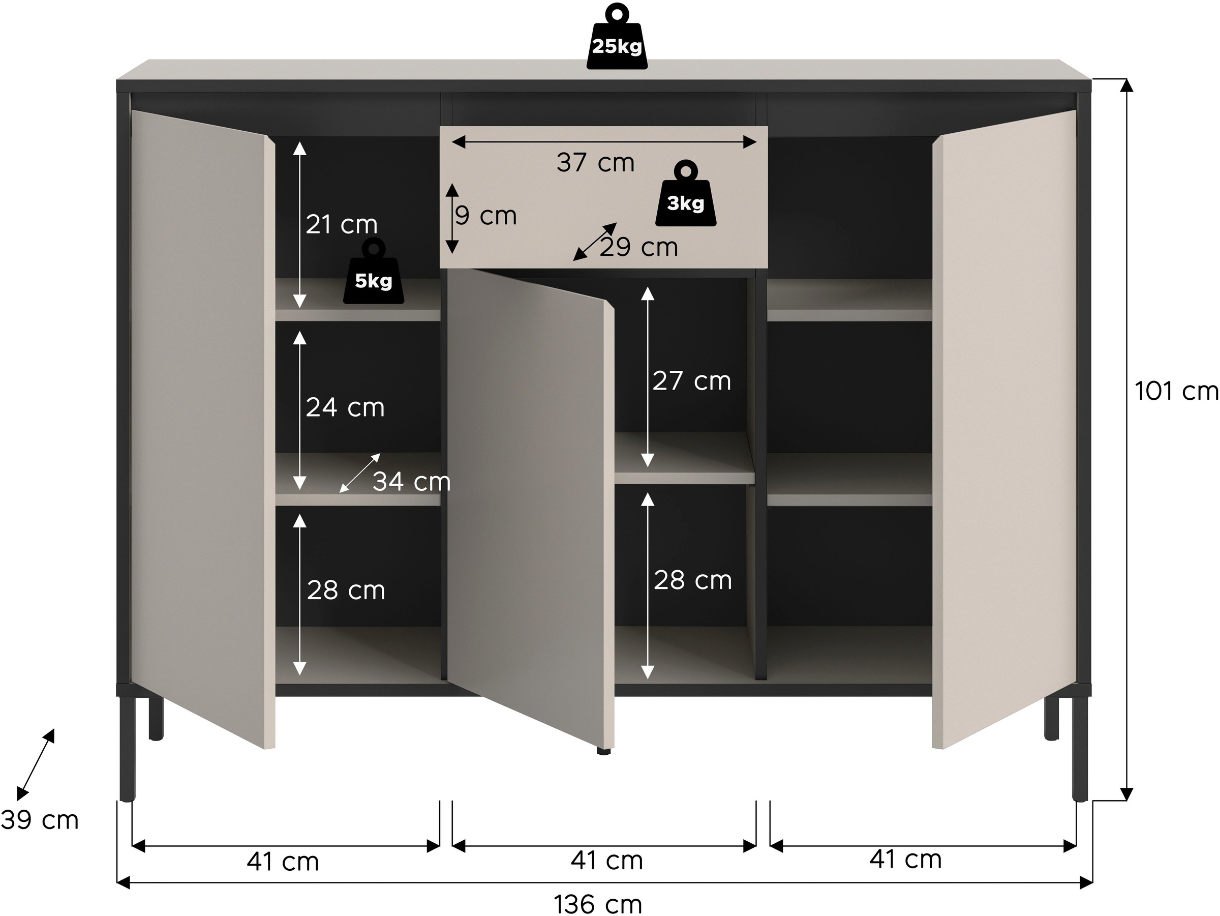 INOSIGN Sideboard »NORT, Höhe: 101cm, mit Metall Stabfuß, 3 Türen, 1 Schubkasten«, Anrichte, Kommode, Schrank, Board, Higboard