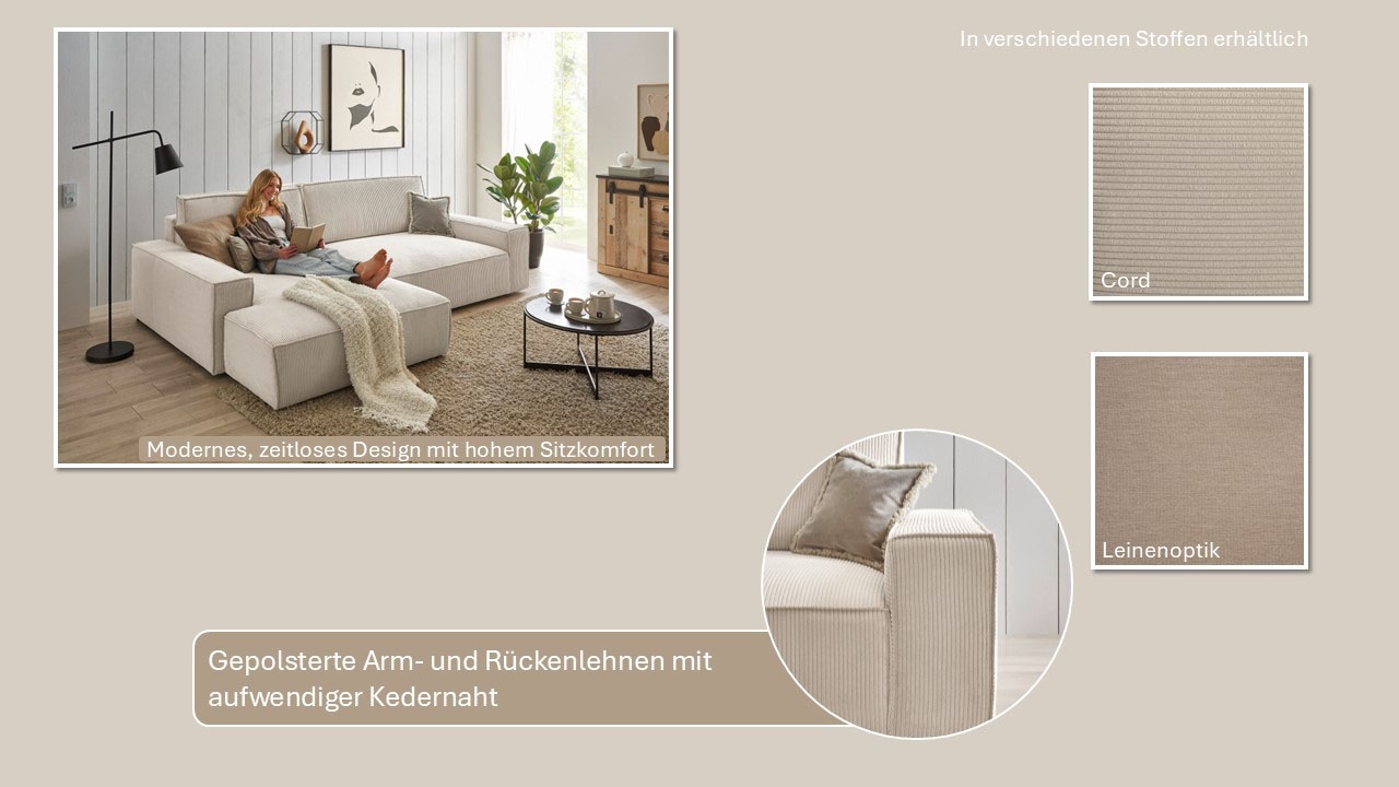 Home affaire Ecksofa »NEU: SHERWOODL XXL 284, Big-Sofa L-Form, tiefe Sitzfläche 95 cm, Cord,«, Leinenoptik, Recamiere rechts/links, auch als Schlafsofa stellbar
