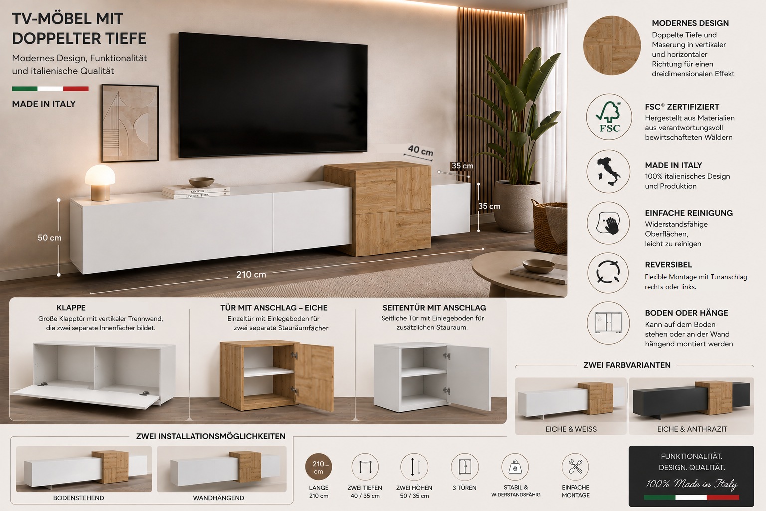 OTTO home Lowboard »Lowboard NEXOS,Lowboard,TV-Kommode,TV-Möbel,TV-Bank« 1 Stk. tlg. Mit 2 Drehtüren, 1 Klapptür, 4 geschl. Fächern, reversibel, B. 210 cm