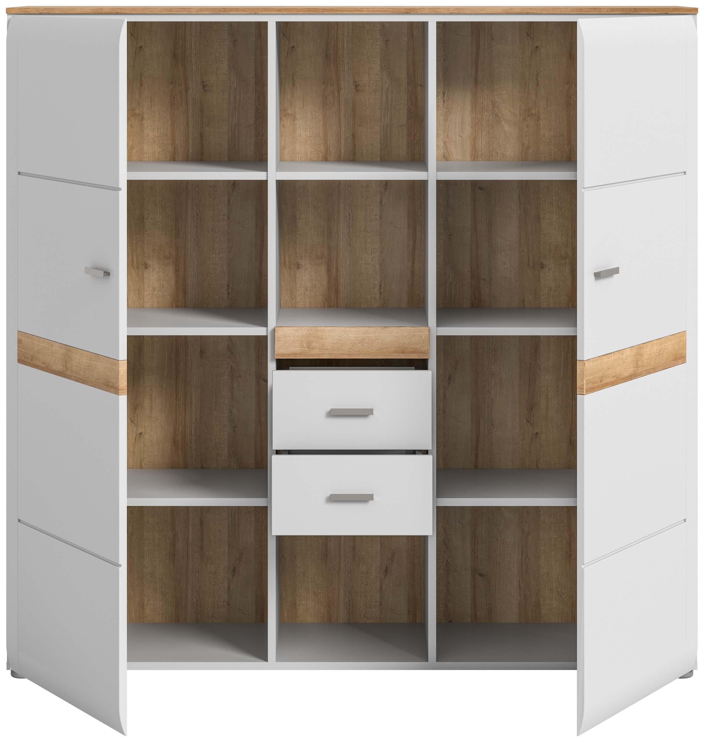 INOSIGN Highboard »Aska, Höhe 138cm, Metallgriffe, 2 Türen, 2 Schubkästen,3 offene Fächer«, (1 St.), Matte Optik, 2-farbig, Anrichte, Schrank, Kommode, Midischrank