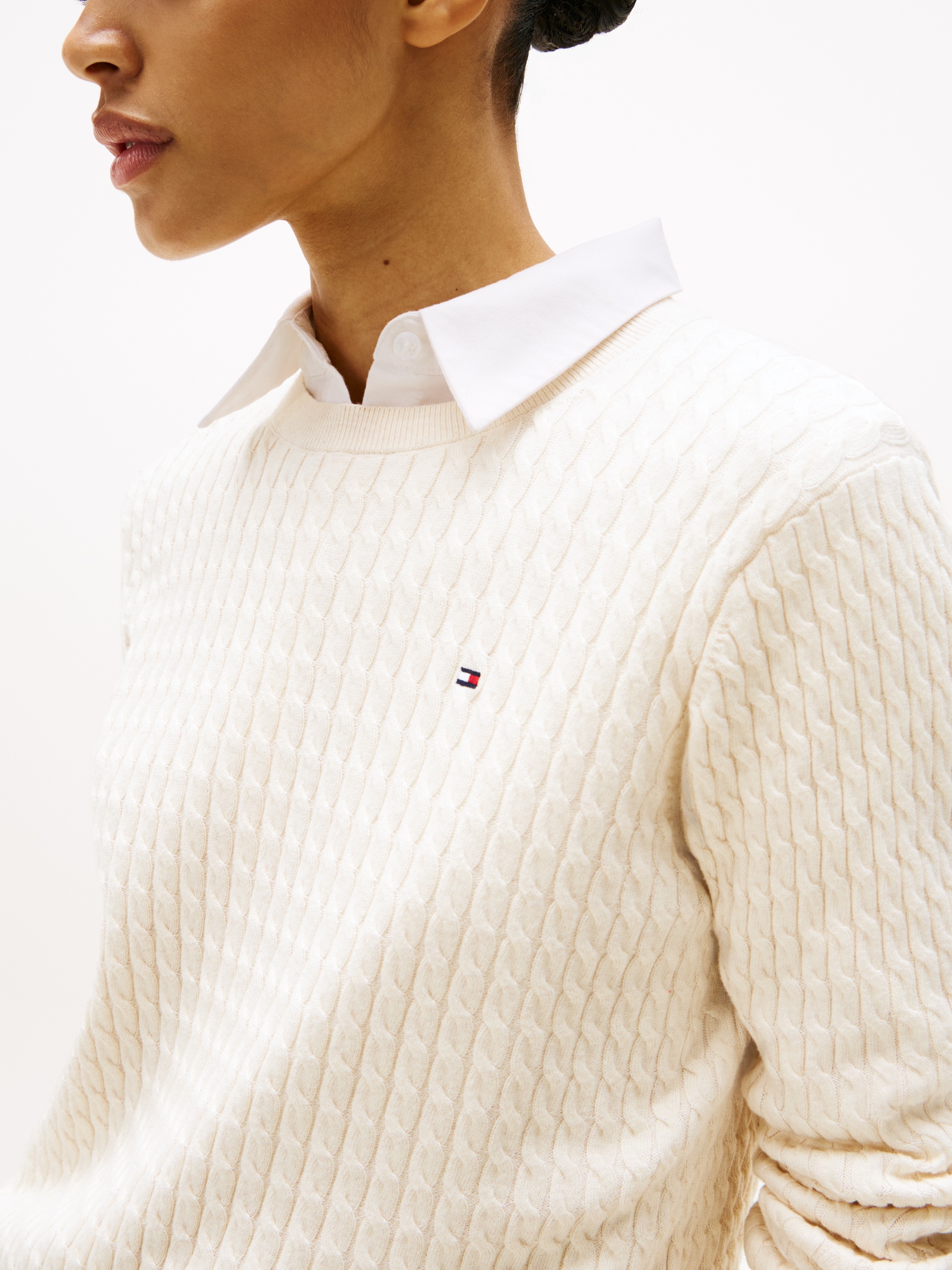 Rundhalspullover TOMMY HILFIGER "CO CABLE C-NK LS SWEATER", Damen, Gr. XL (46), weiß (ivory petal), Strick, Obermaterial: 100% Baumwolle, meliert, regular fit normal, Rundhals, Rippstrickbündchen, Pullover Rundhalspullover, Baumwolle, mit Zopfmuster, Regu 5