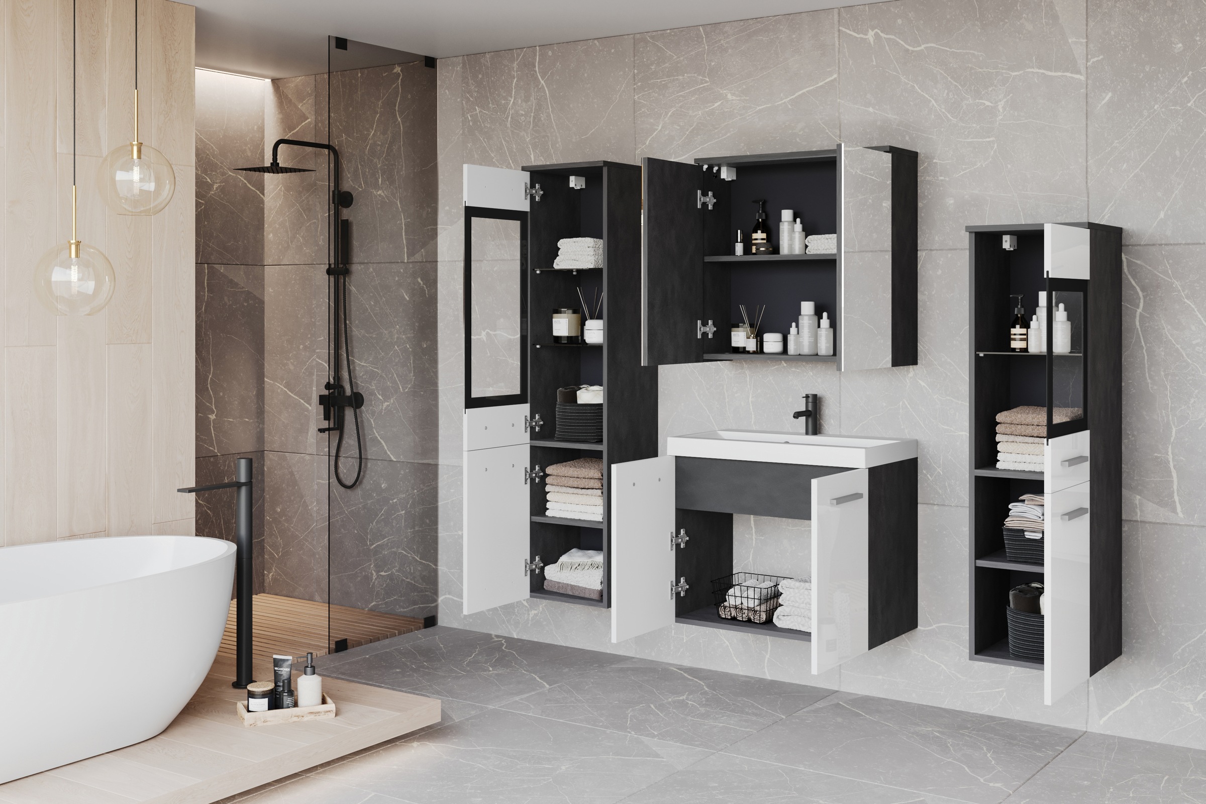 Thumbnail - welltime Badmöbel-Set "MADRIT II, Schrank mit Waschbecken, 2 Hänger, Spiegelschrank" Komplett-Set, 5 Stk. tlg.