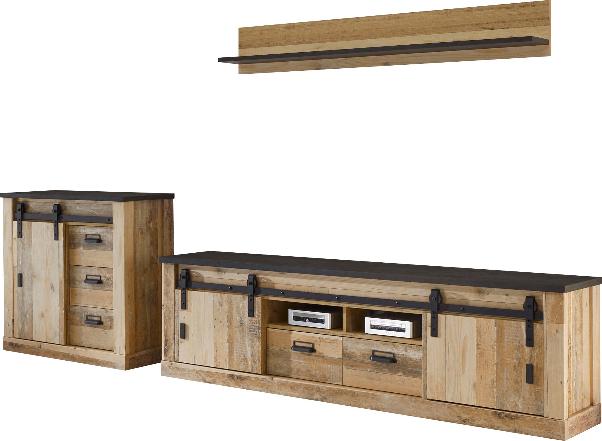 Home affaire Wohnwand "Sherwood, Anbauwand im Industrial-Style, Komplettset, Wohnzimmer-Set" 3 Stk. tlg.