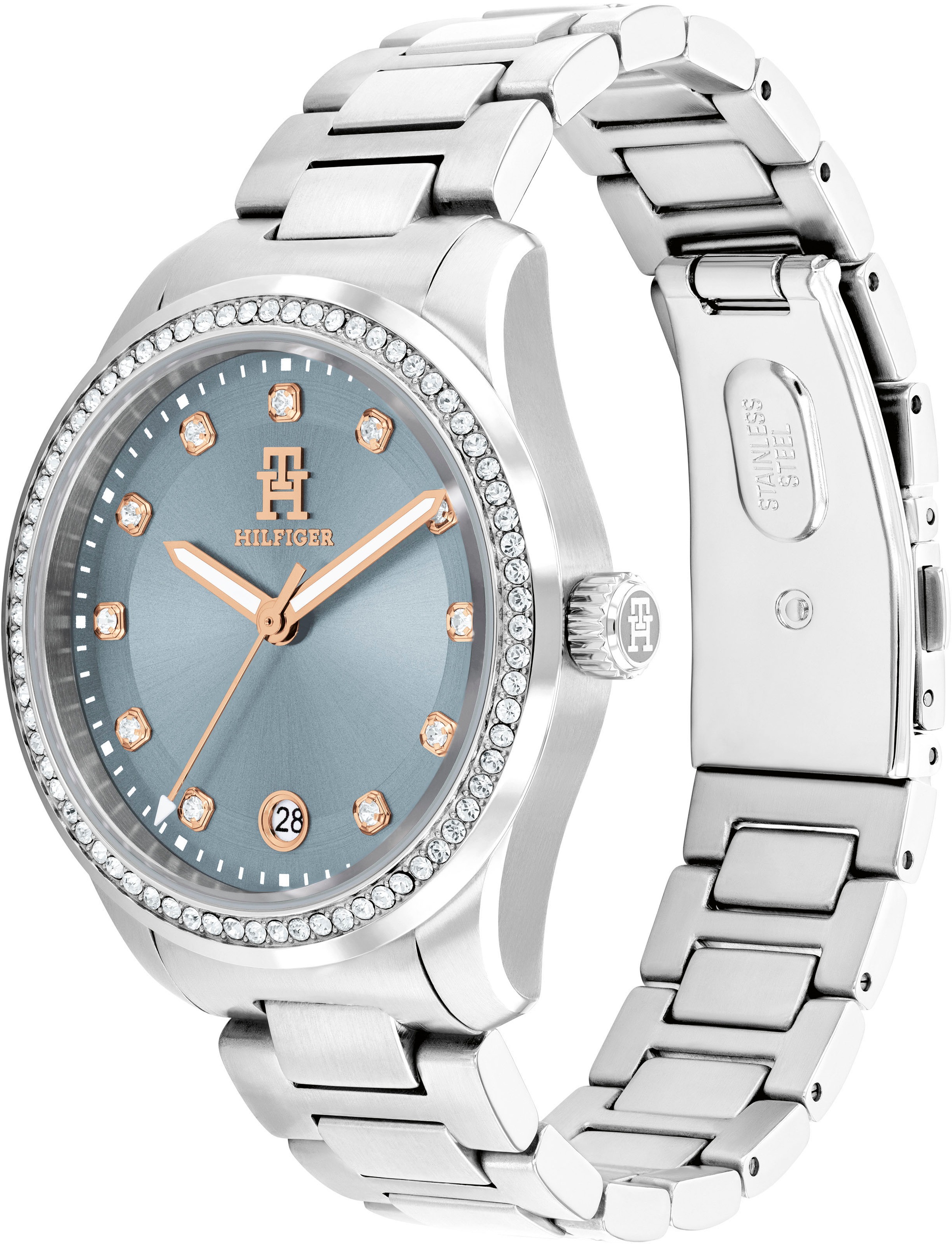 Tommy Hilfiger Quarzuhr »TH85 CRYSTALS«, Armbanduhr, Damenuhr, Edelstahlarmband, analog, Tag, Glassteine