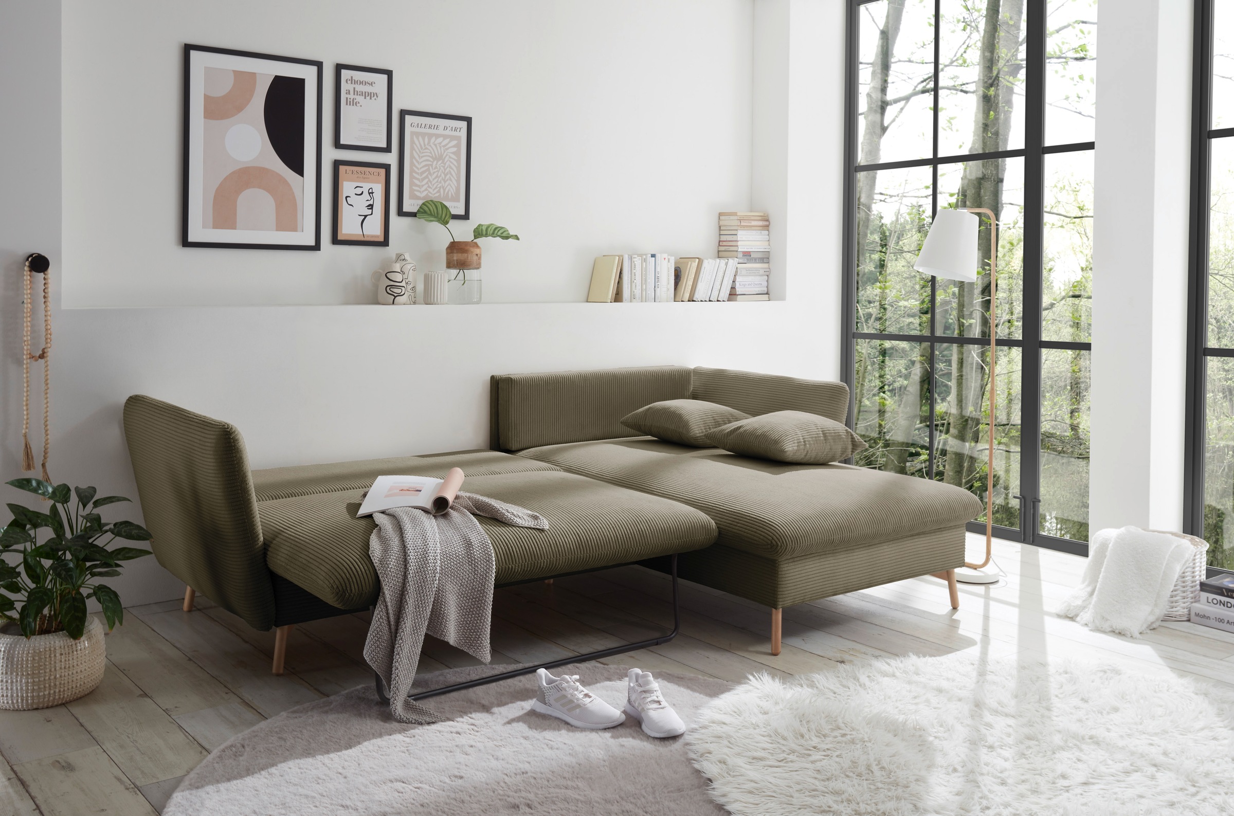 andas Ecksofa »MERLE, 258 cm, L-Form, traumhafter Cord,«, mit Bettfunktion und Bettkasten, Liegefläche 224 x 139