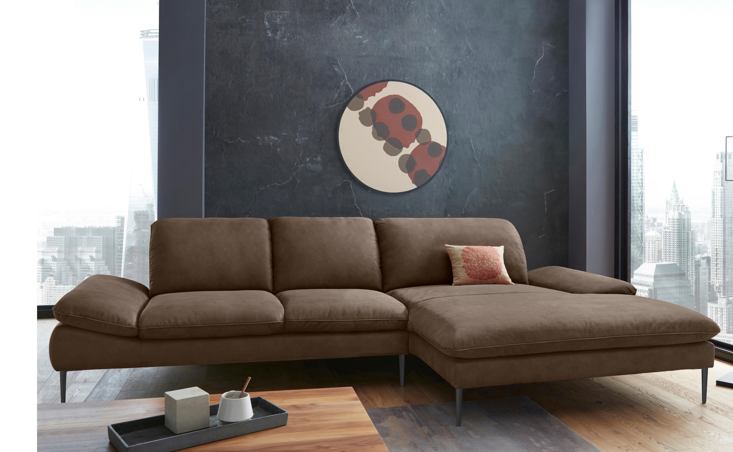 Ecksofa W.SCHILLIG "enjoy&MORE, Designsofa, bequem, zeitlos und elegant, L-Form", braun (mocca s37), B:340cm H:87cm T:185cm, Chenille-Flachgewebe R66 (85% Polyester, 15% Nylon);Longlife Xtra-Leder Z59: Glattleder mit modischer Prägung. Hautstärke 0, 9 - 1