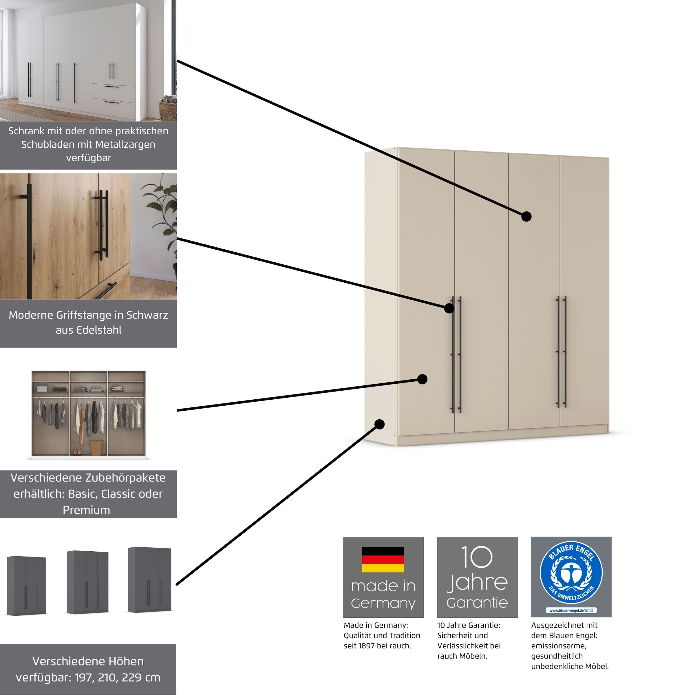 rauch Kleiderschrank »Drehtürenschrank Schrank Garderobe Wäscheschrank Schlafzimmer AVOLA«, (in 3 verschiedenen Ausstattungen BASIC/CLASSIC/PREMIUM), mit hochwertigen Stangengriffen in Schwarz aus Metall MADE IN GERMANY