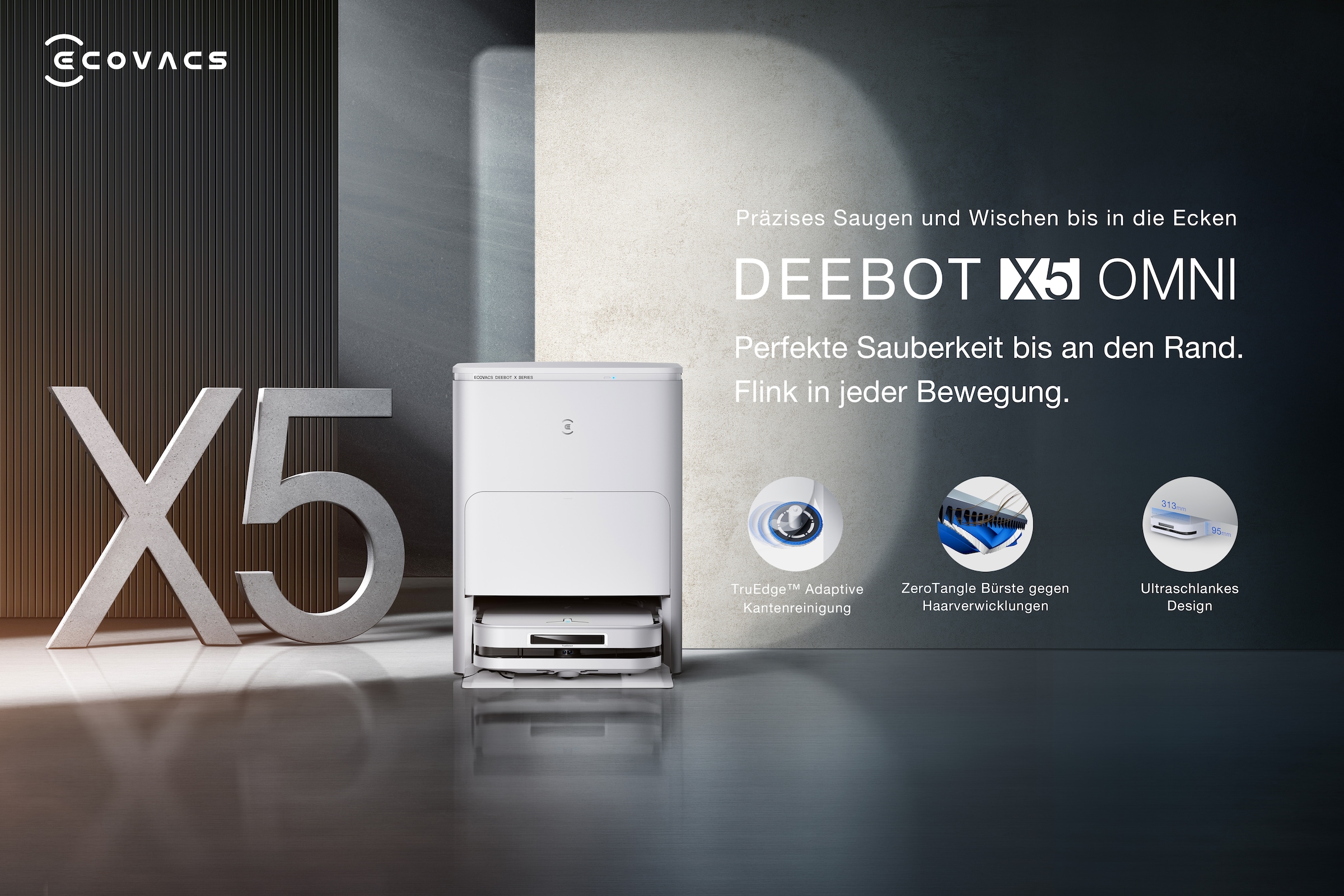 ECOVACS Nass-Trocken-Saugroboter »ECOVACS DEEBOT X5 OMNI«, 12.800PA, OMNI Station, 15mm Mopphebesystem, Adaptive Kantenreinigung